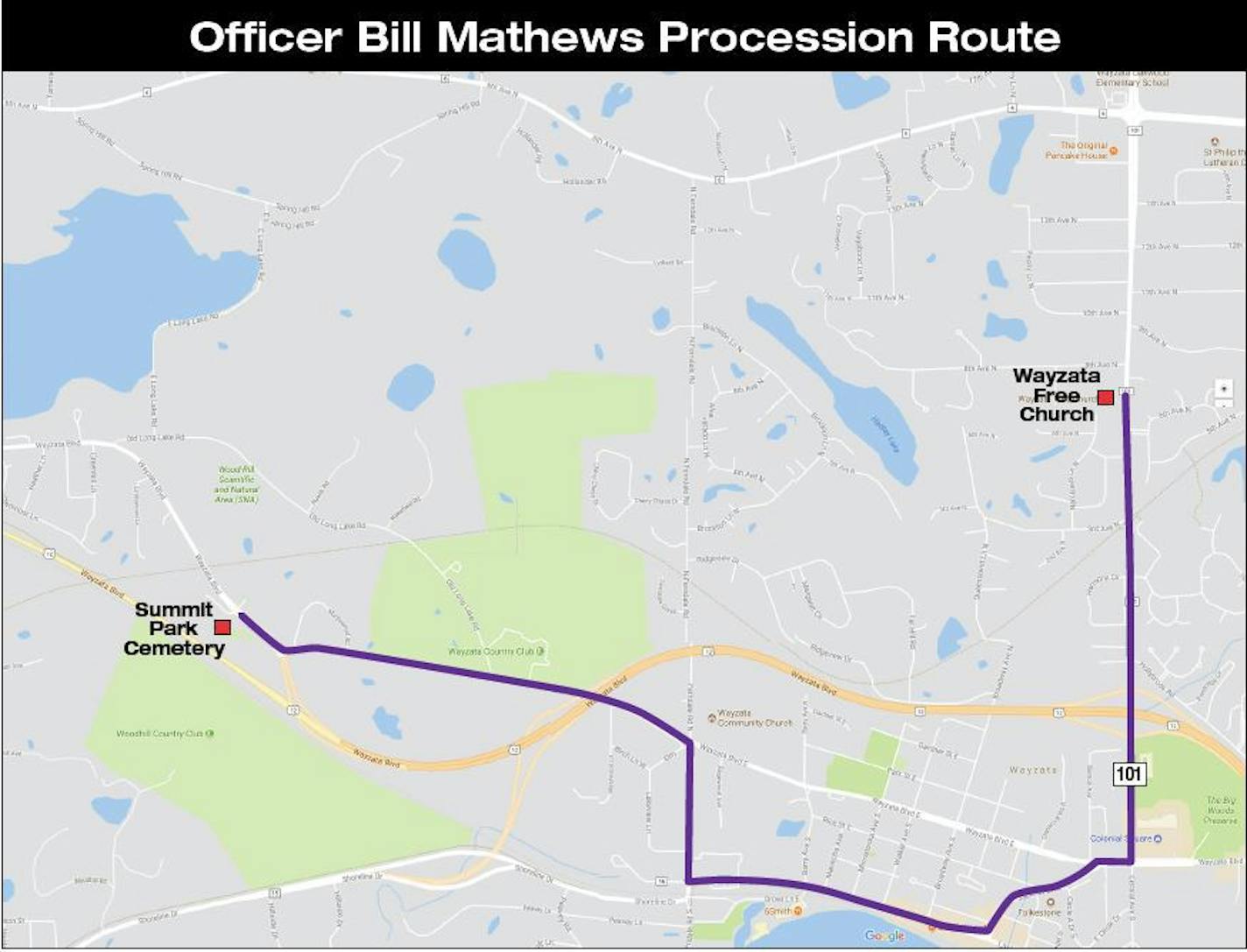 The procession route for Officer Bill Mathews' funeral. (Source: Minnesota Department of Public Safety)