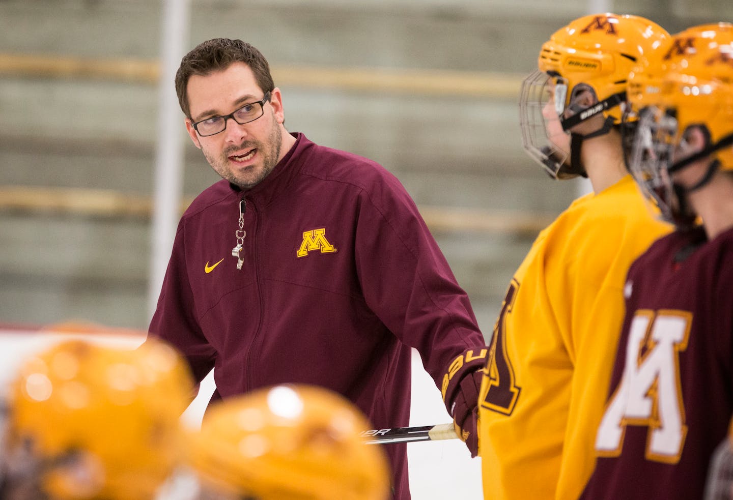 University of Minnesota women's hockey team head coach Brad Frost coaches practice at Schwann Super Rink in Blaine. ] (Leila Navidi/Star Tribune) leila.navidi@startribune.com BACKGROUND INFORMATION: Tuesday, March 15, 2016.