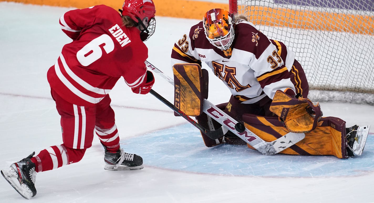 Minnesota goaltender Makayla Pahl (33) stopped a shot from Wisconsin forward Lacey Eden (6) during a game deciding three-person shootout. ] ANTHONY SOUFFLE • anthony.souffle@startribune.com