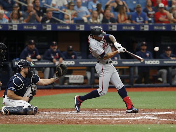Minnesota Twins Byron Buxton hits an rbi single against the Tampa Bay Rays during the fourth inning of a baseball game Saturday, June 1, 2019, in St. 