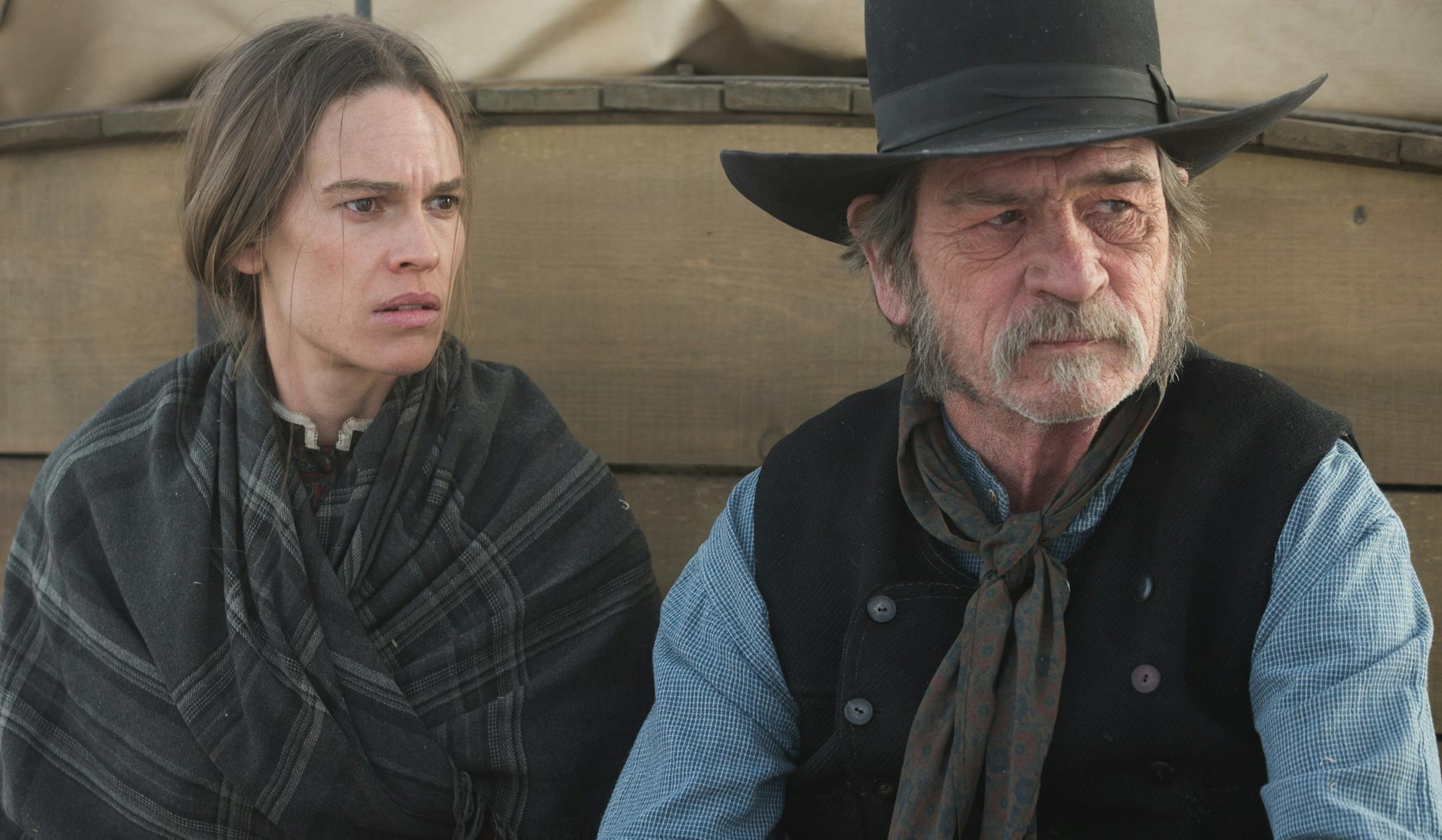 This image released by Roadside Attractions shows Hilary Swank, left, and Tommy Lee Jones in a scene from "The Homesman." (AP Photo/Roadside Attractions, Dawn Jones)