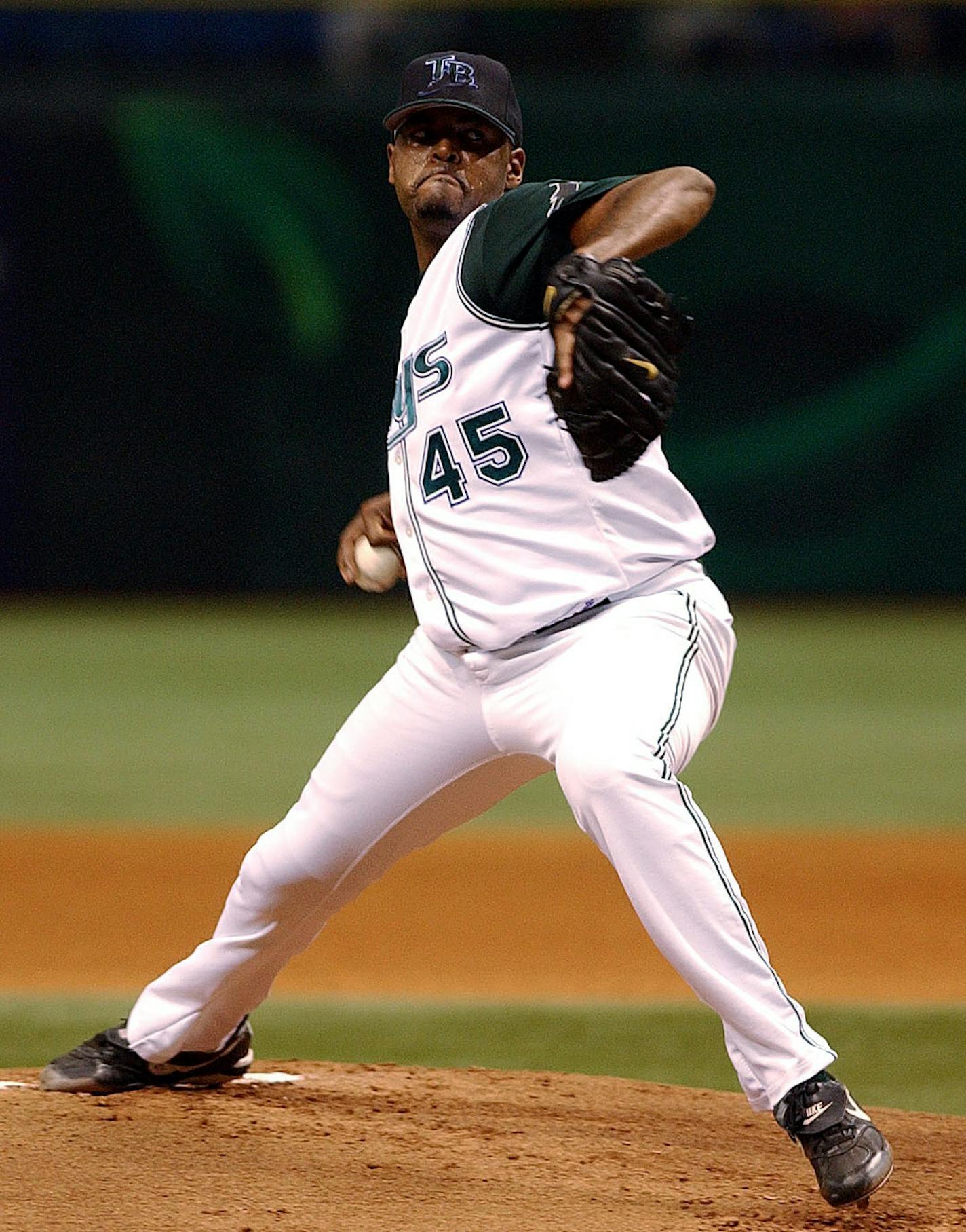 Tampa Bay Devil Rays starter Dewon Brazelton pitches against the Oakland Athletics during the first inning Sunday afternoon, Aug. 22, 2004, at Tropicana Field in St. Petersburg, Fla. Brazelton allowed one run as the Devil Rays defeated the Athletics 2-1. (AP Photo/Steve Nesius) ORG XMIT: SPD101