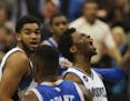 Timberwolves guard Andrew Wiggins (22) screamed after he was fouled after a late fourth quarter dunk Monday night. Wiggins led all scorers with 32 poi