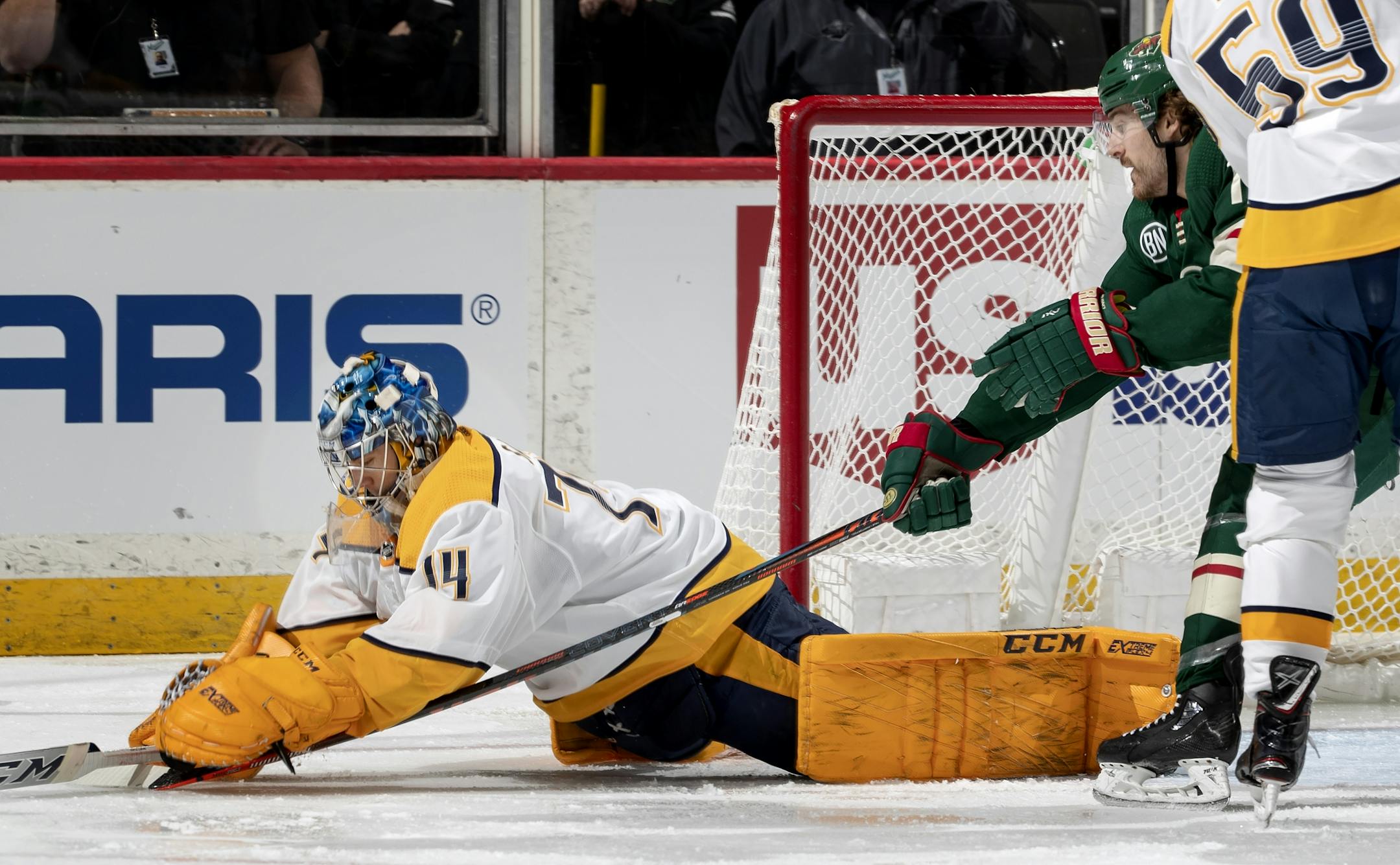 Predators goalie Juuse Saros made a save in the second period.