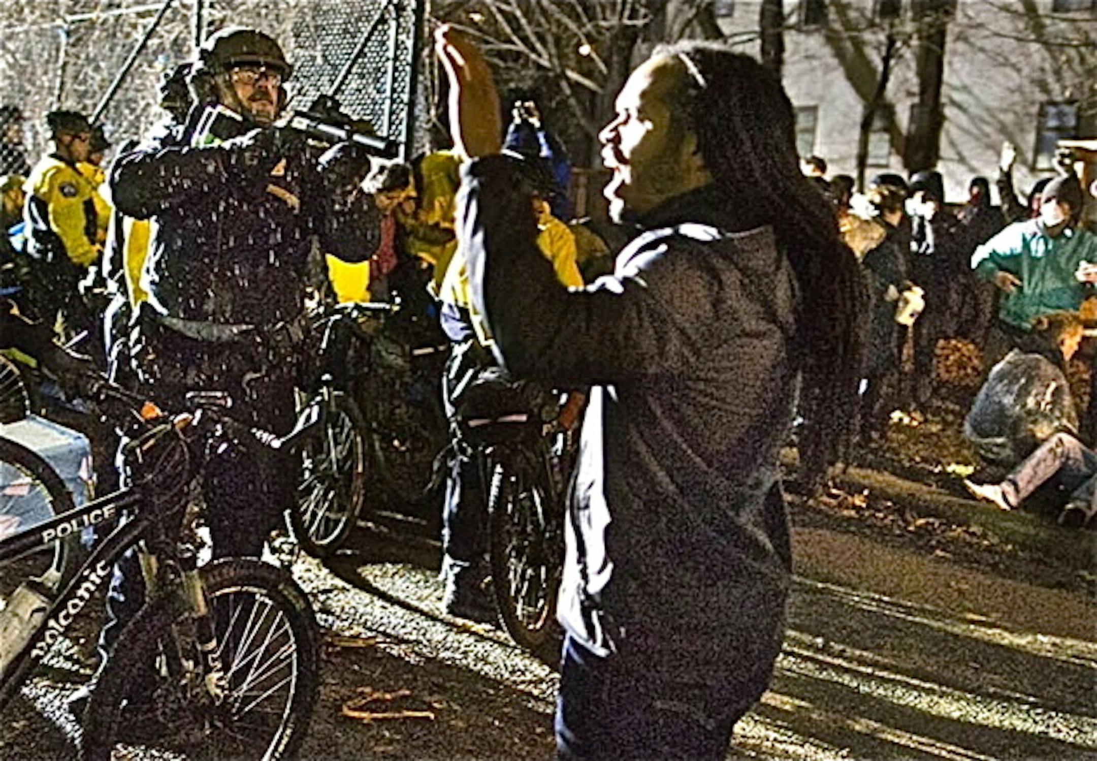 Jeremiah Bey an community organizer, artist and native of the Northside was confronted by the MPD with non-lethal weapons in an attempt to bait protesters into a violent outburst.