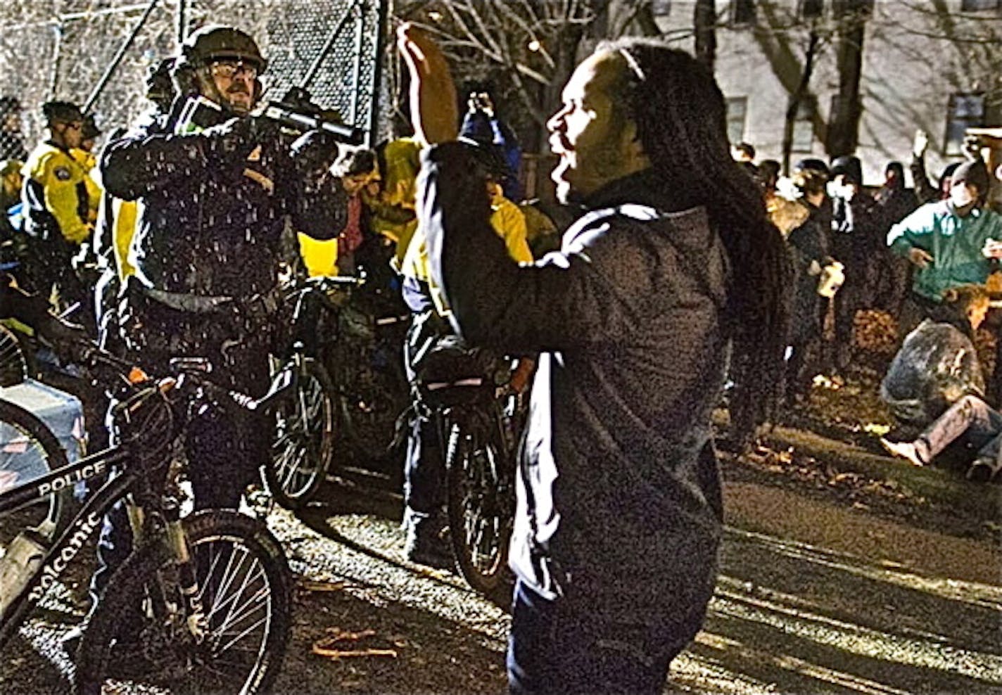 Jeremiah Bey an community organizer, artist and native of the Northside was confronted by the MPD with non-lethal weapons in an attempt to bait protesters into a violent outburst.