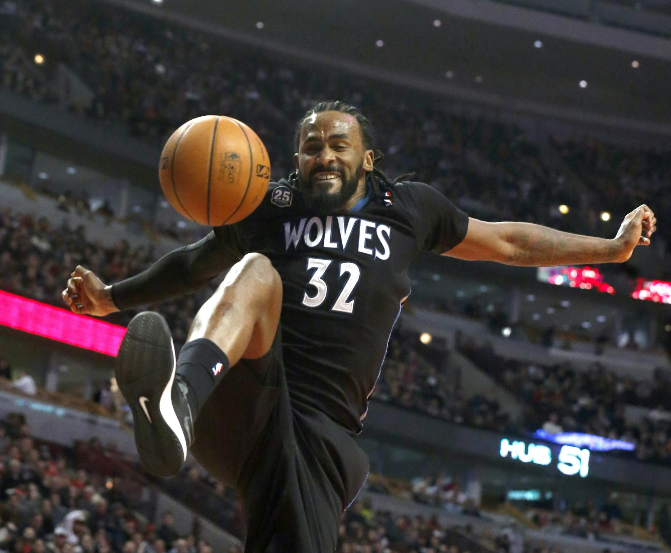 Timberwolves center Ronny Turiaf reacted after his dunking against Chicago during the first half Monday night. Turiaf contributed 14 points and seven rebounds in place of injured center Nikola Pekovic.