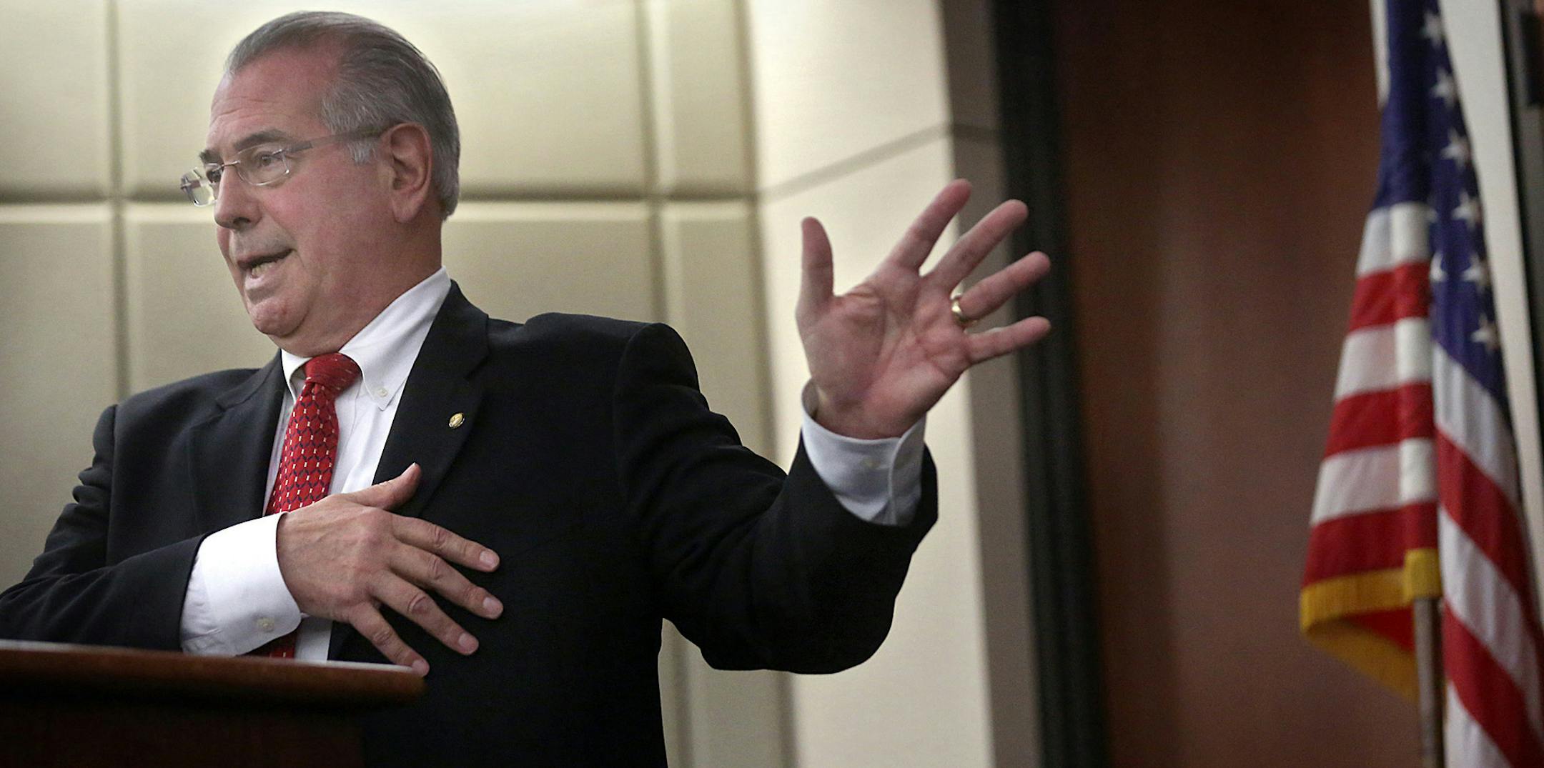 Hennepin County Attorney Mike Freeman announces Wednesday, March 30, 2016, that no charges will be filed against two Minneapolis police officers in the fatal shooting of a black man, Jamar Clark, last November, in Minneapolis. Community activists in Minneapolis say they donít accept the prosecutorís decision. (Jim Gehrz/Star Tribune via AP) ORG XMIT: MIN2016033016544935 ORG XMIT: MIN1604051255561444