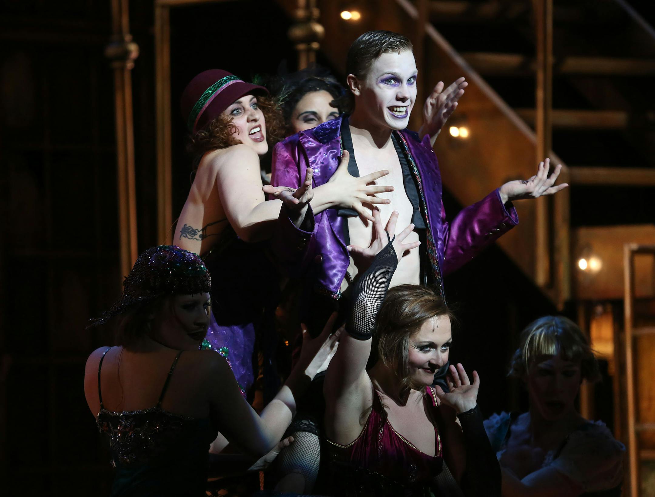 With actor Tyler Michaels in the middle the cast performed a scene from "Cabaret" during the dress rehearsal at the Pantages, produced by Theater Latte Da in Minneapolis Tuesday, January 7, 2014. ] (KYNDELL HARKNESS/STAR TRIBUNE) kyndell.harkness@startribune.com