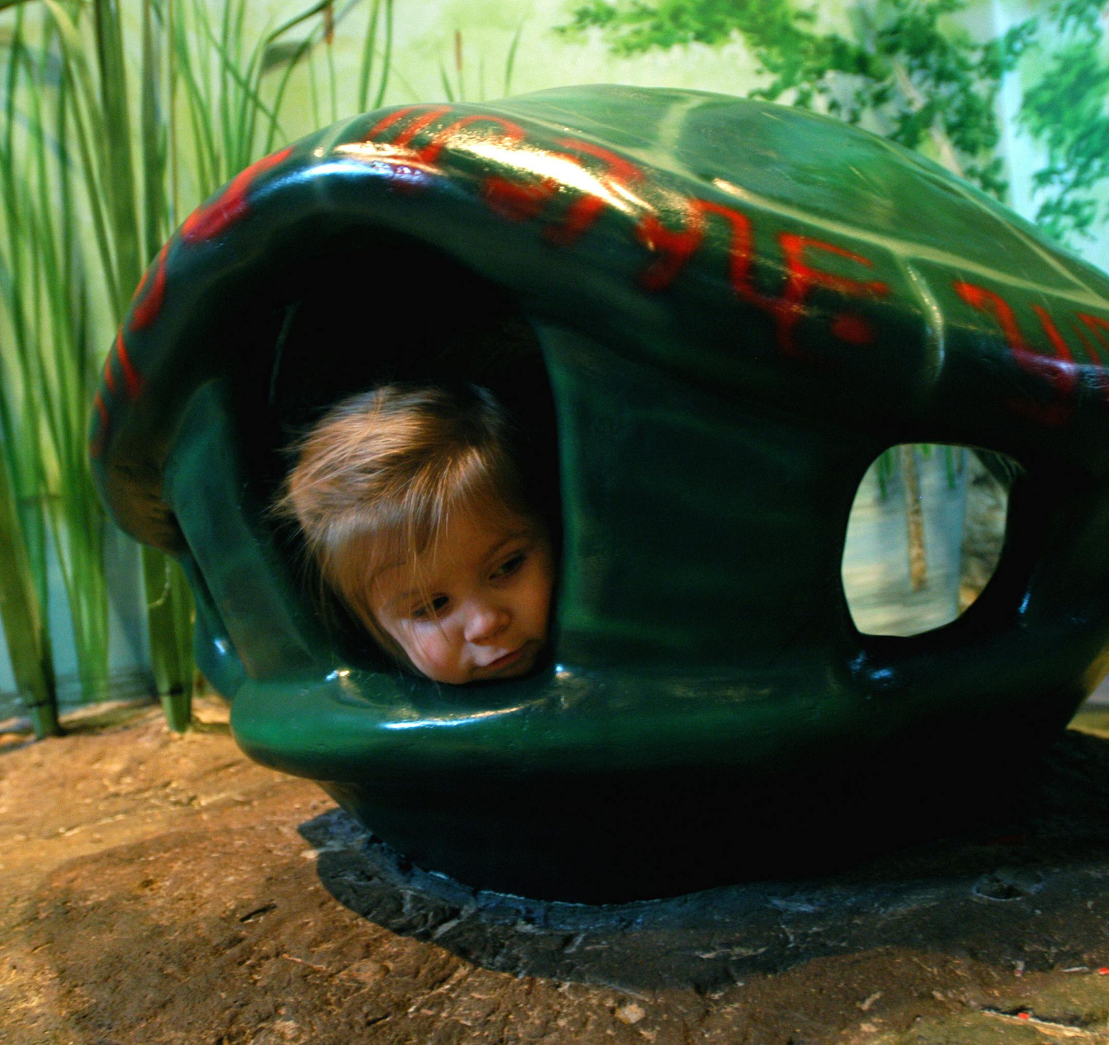 Makenna Palmer, 2, takes a rest inside a turtle shell in "Earth World" at the Children's Science Museum in St. Paul. The Museum celebrates its 22nd year of operation this Friday. Palmer's grandmother Suzanne Payne, one of the founders of the museum, takes Mackenna their often just as she took her two daughters. GENERAL INFORMATION: Wednesday, December 10, 2003-St. Paul-As the Children's Museum celebrates its 22nd year on Friday, we look at what makes it one of the top 10 museums in the country.