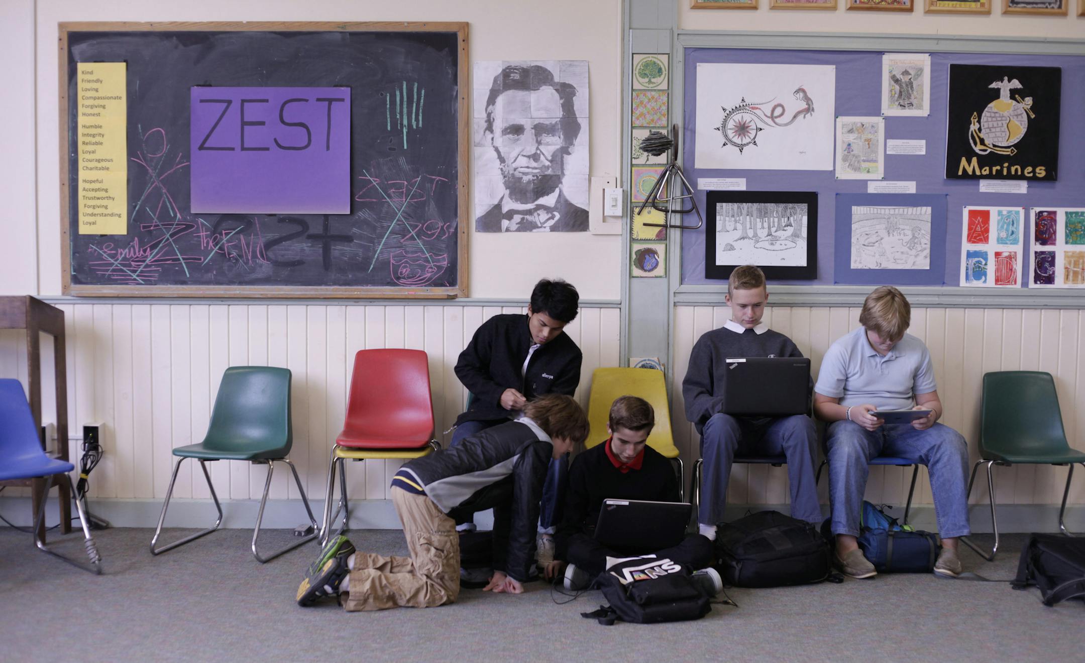 An undated handout photo of students at the Greenwood School in Putney, Vt., in "The Address," a documentary by Ken Burns ("The Civil War"), on PBS. Burns' documentary, airing on Tuesday, April 15, 2014, captures schoolboys with learning problems as they face the challenge of memorizing Lincoln's Gettysburg Address. (Lindsay Taylor Jackson/Florentime Films via The New York Times) -- NO SALES; FOR EDITORIAL USE ONLY WITH STORY SLUGGED TV ADDRESS REVIEW. ALL OTHER USE PROHIBITED.