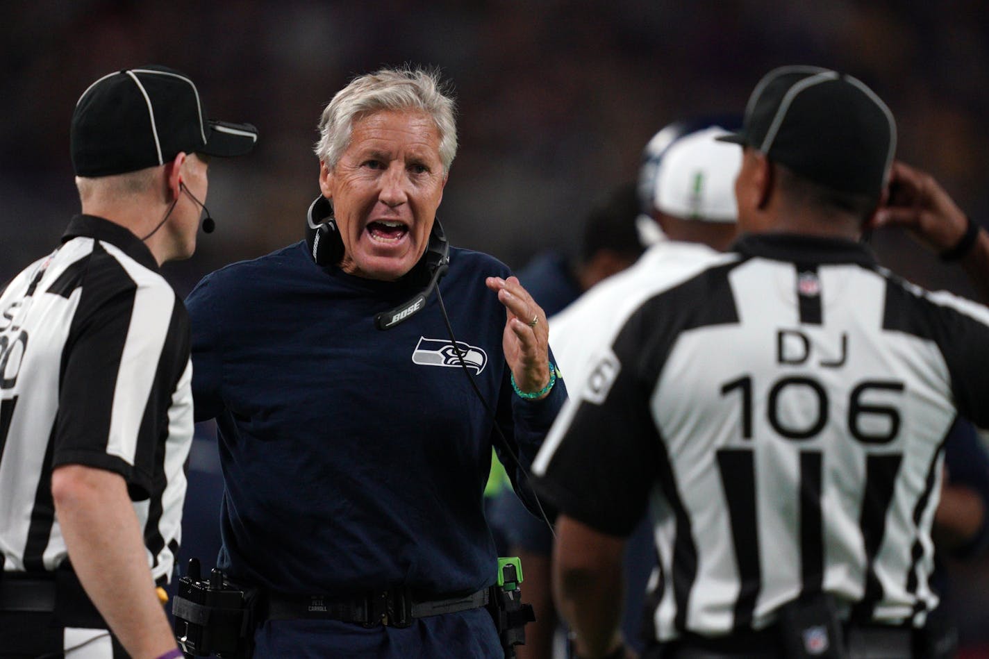 Seattle Seahawks head coach Pete Carroll argued a call with the officials in the first half.