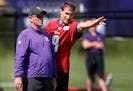 Mike Zimmer, left, and quarterback Kirk Cousins — at Vikings training camp in 2018 — will face each other again in 2024 now that Zimmer is with Da