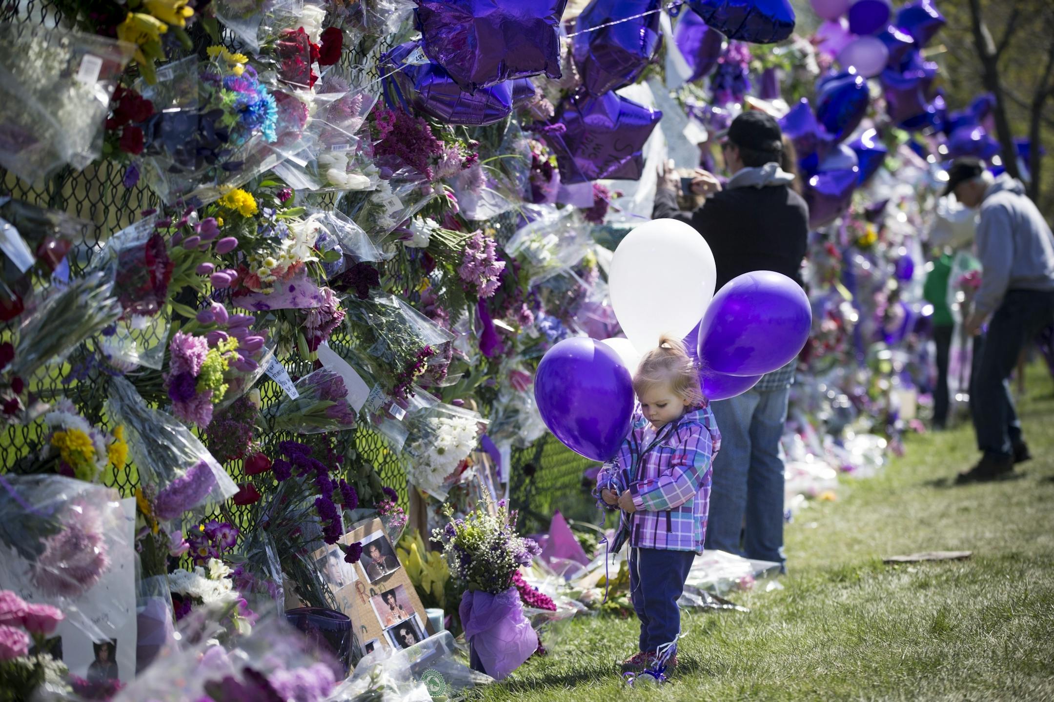 Mary Sereg, 1, of Minneapolis, held balloons as she looked at the memorial set up on a gate outside Prince's house at Paisley Park on Friday, April 22, 2016, in Chanhassen, Minn..