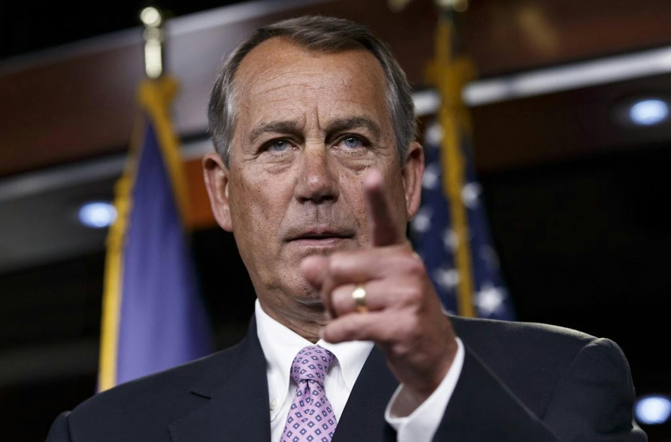 House Speaker John Boehner of Ohio meets with reporters on Capitol Hill in Washington, Thursday, Dec. 4, 2014. Just days before government funding expires, House Republican leaders are trying to strike a balance between the conservatives determined to stop President Barack Obama�s immigration order and other lawmakers just as determined to avoid another politically damaging shutdown.