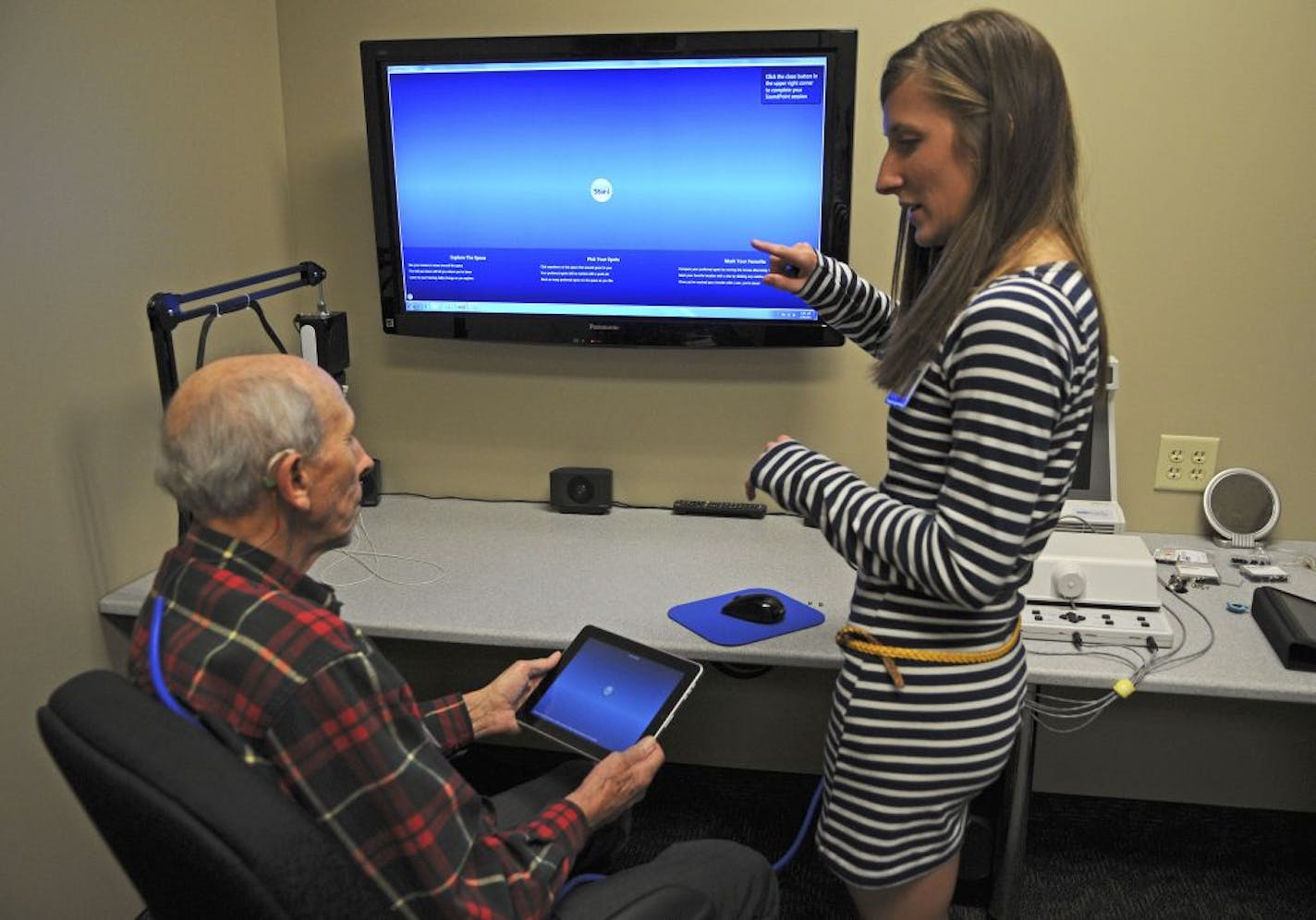 Starkey excels at integrating technology, training and benefits into the workplace. Research audiologist Elise Gregoire talked with a test subject and hearing aid user Donald Learned about using an Ipad to calibrate his hearing aid.