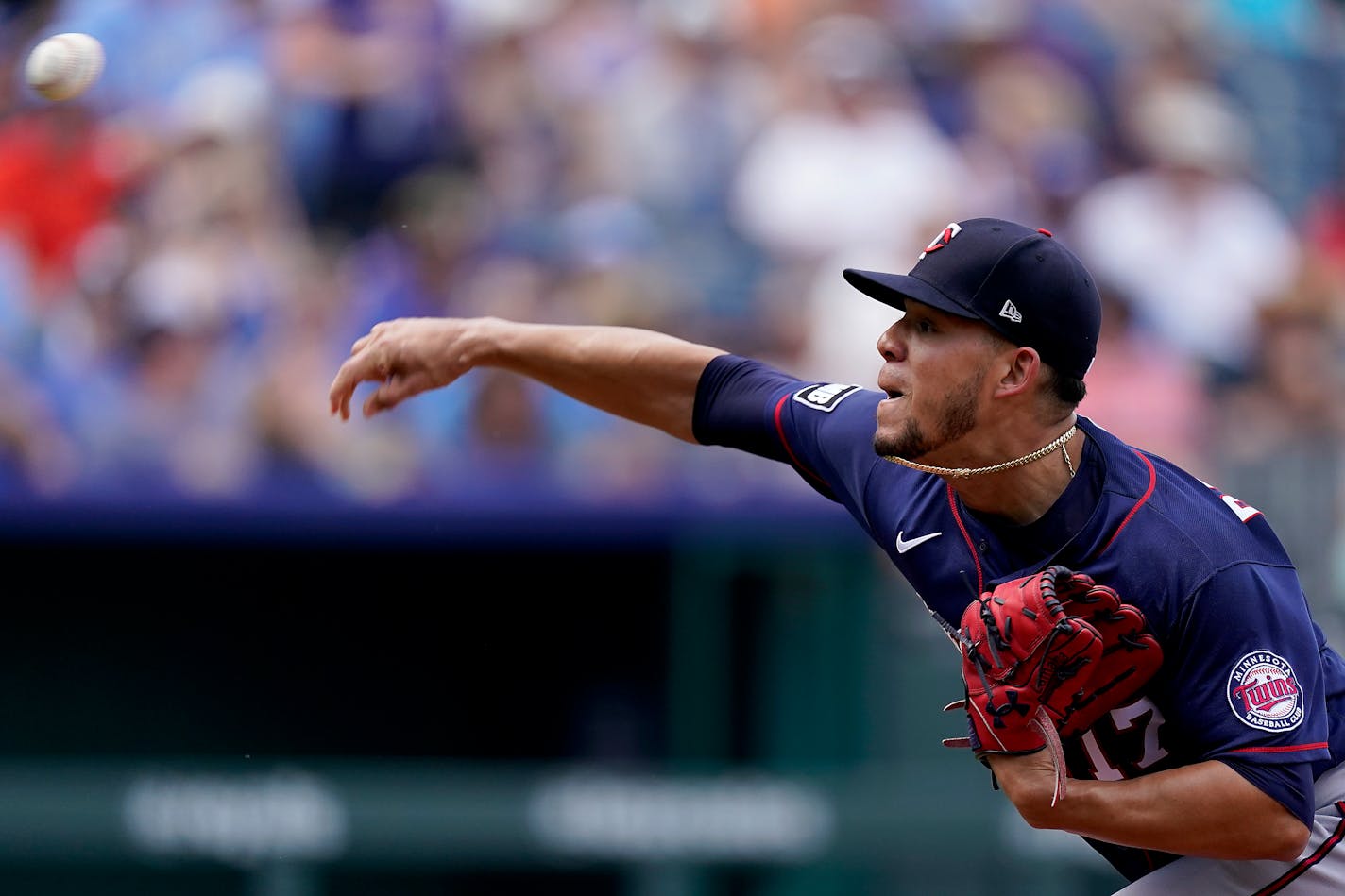 Minnesota Twins starting pitcher Jose Berrios throws during the first inning of a baseball game against the Kansas City Royals Saturday, June 5, 2021, in Kansas City, Mo. (AP Photo/Charlie Riedel)