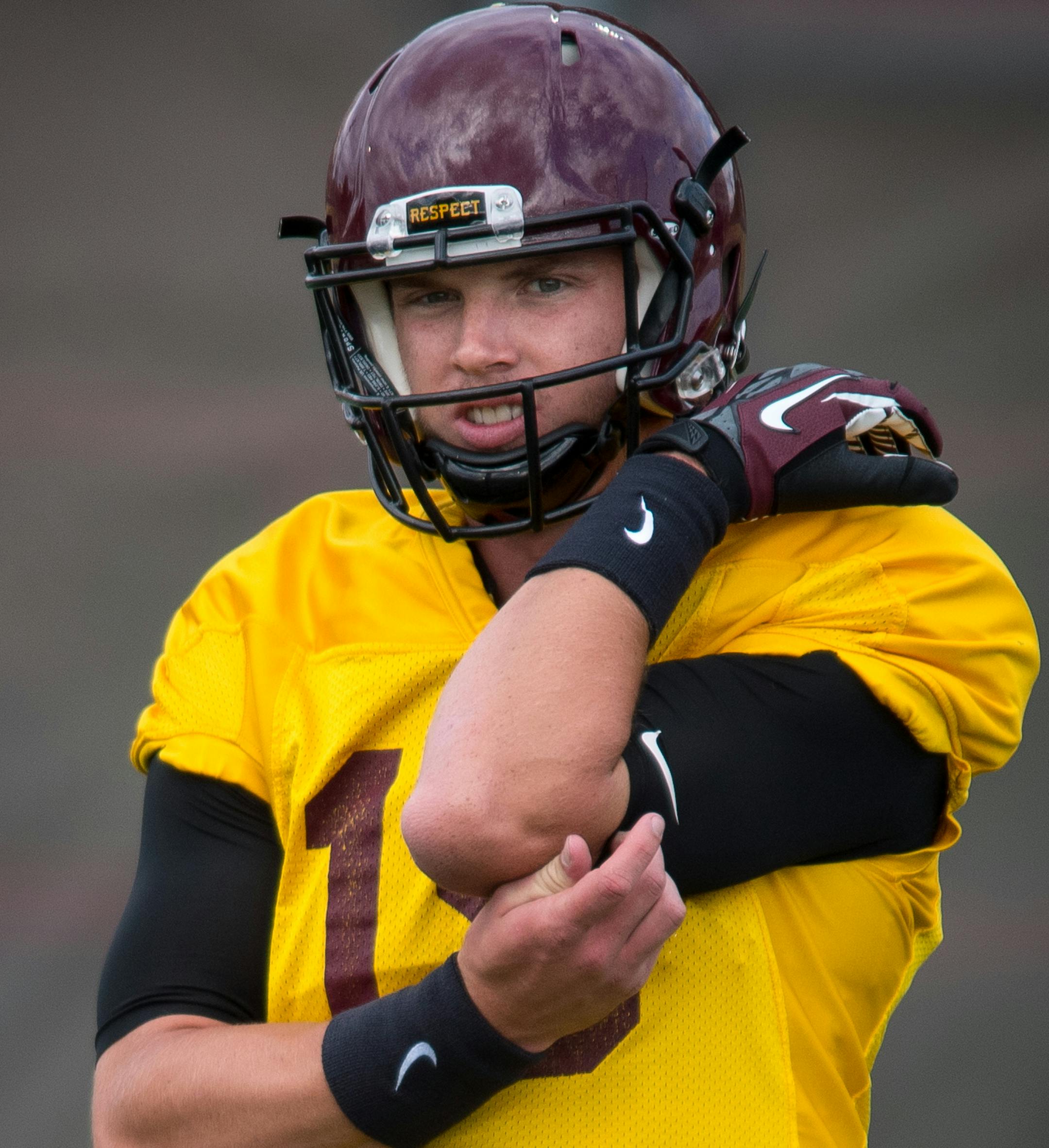Gophers quarterback Conor Rhoda looked on between reps in practice Tuesday afternoon. ] (AARON LAVINSKY/STAR TRIBUNE) aaron.lavinsky@startribune.com The University of Minnesota Golden Gophers football team practiced on Tuesday, Oct. 11, 2016 at Bierman Field in Minneapolis, Minn.