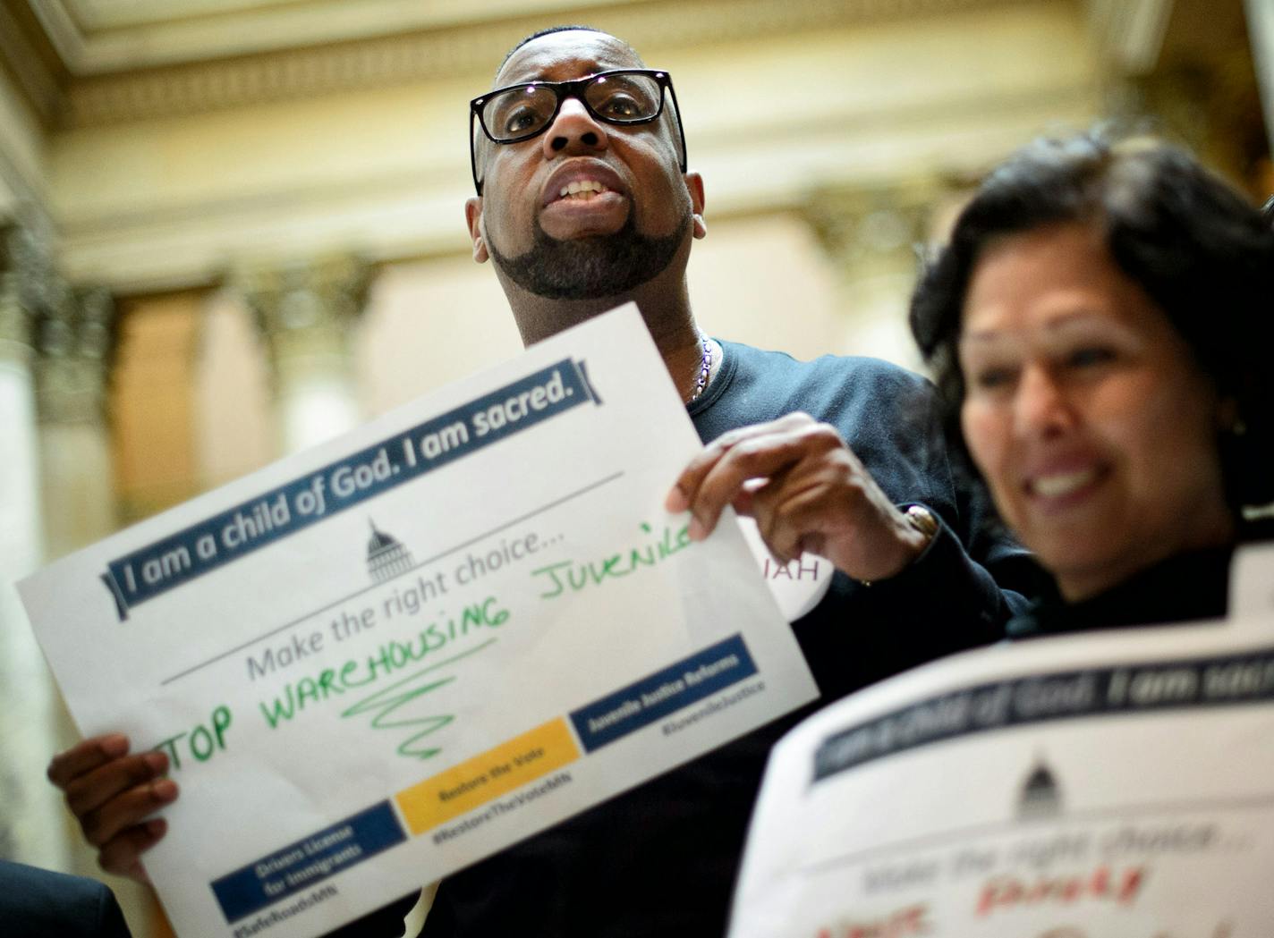 Brian Fullman of Blaine was one of the ISAIAH members who prayed and chanted for restoring the vote for people who have served their time in prison for a felony, juvenile justice and drivers licenses for undocumented immigrants. ] GLEN STUBBE * gstubbe@startribune.com Thursday, April 23, 2015 Drivers license legislation has been added to the Senate Transportation Omnibus Bill. Prior to the vote, members of ISAIAH visited with legislators and held a faith rally and prayer vigil outside of the Sen