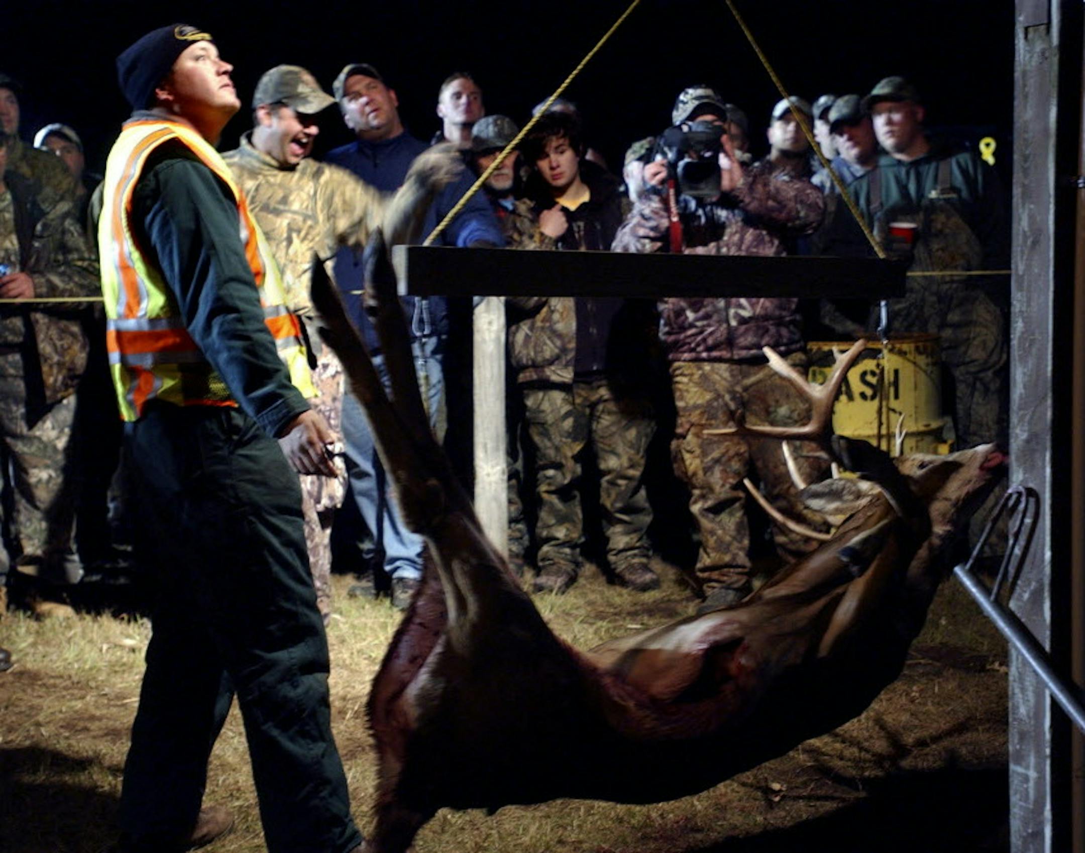 JOEY MCLEISTER &#x2022; jmcleister@startribune.com Camp Ripley,Mn.,Thurs.,Oct. 19, 2006--(At left) Steve Piepgras, with the Department of Natural Resources Mille Lacs Wildlife Area, weighs a 239-pound 12-point buck bagged by Shawn Yeager of Clearwater, Mn. during the Camp Ripley bow hunt. Yeager is not in the photo, but one of his hunting buddies is smiling in the background. Other hunters have gathered to watch the weigh-in at the Camp Ripley Official Big Game Registration station. GENERAL INFO