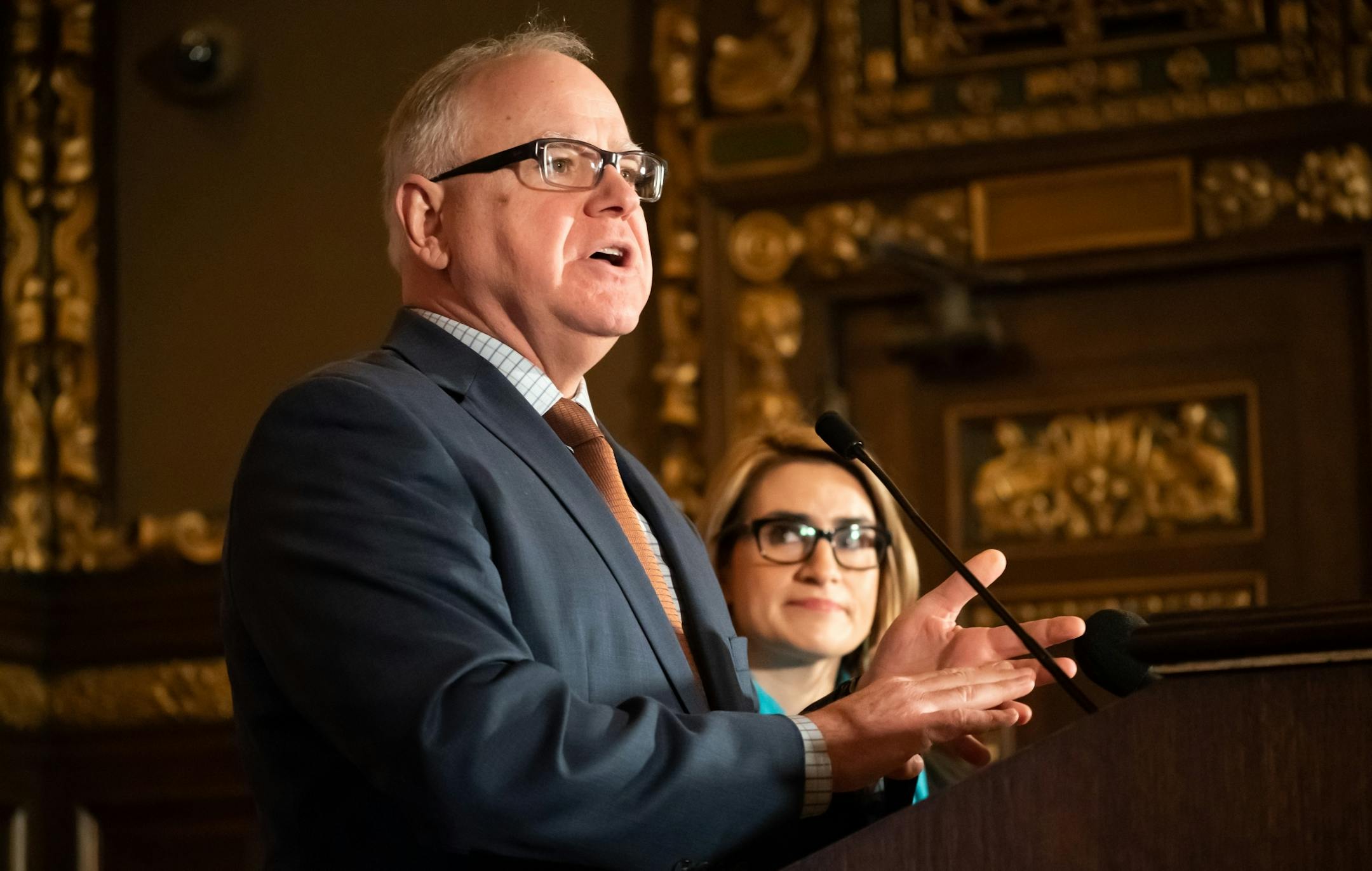 Gov. Tim Walz and Lt. Gov. Peggy Flanagan held a press conference in March to announce major energy and climate policy initiatives. Walz announced Monday that he will create a "climate change subcabinet" to advise him on cutting the state's carbon footprint.