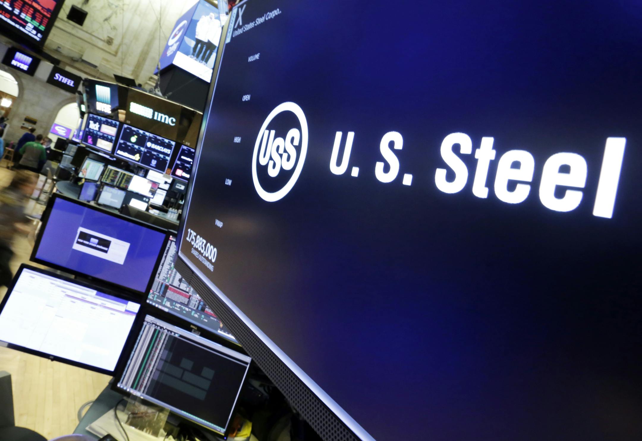 The logo for U.S. Steel appears above a trading post on the floor of the New York Stock Exchange, Friday, March 2, 2018. President Donald Trump on Friday insisted "trade wars are good, and easy to win," a bold claim that will likely find many skeptics, including those on Wall Street and even some Republicans. (AP Photo/Richard Drew)