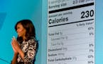 First lady Michelle Obama announces a makeover for food nutrition labels with calories listed in bigger, bolder type and a new line for added sugars, 