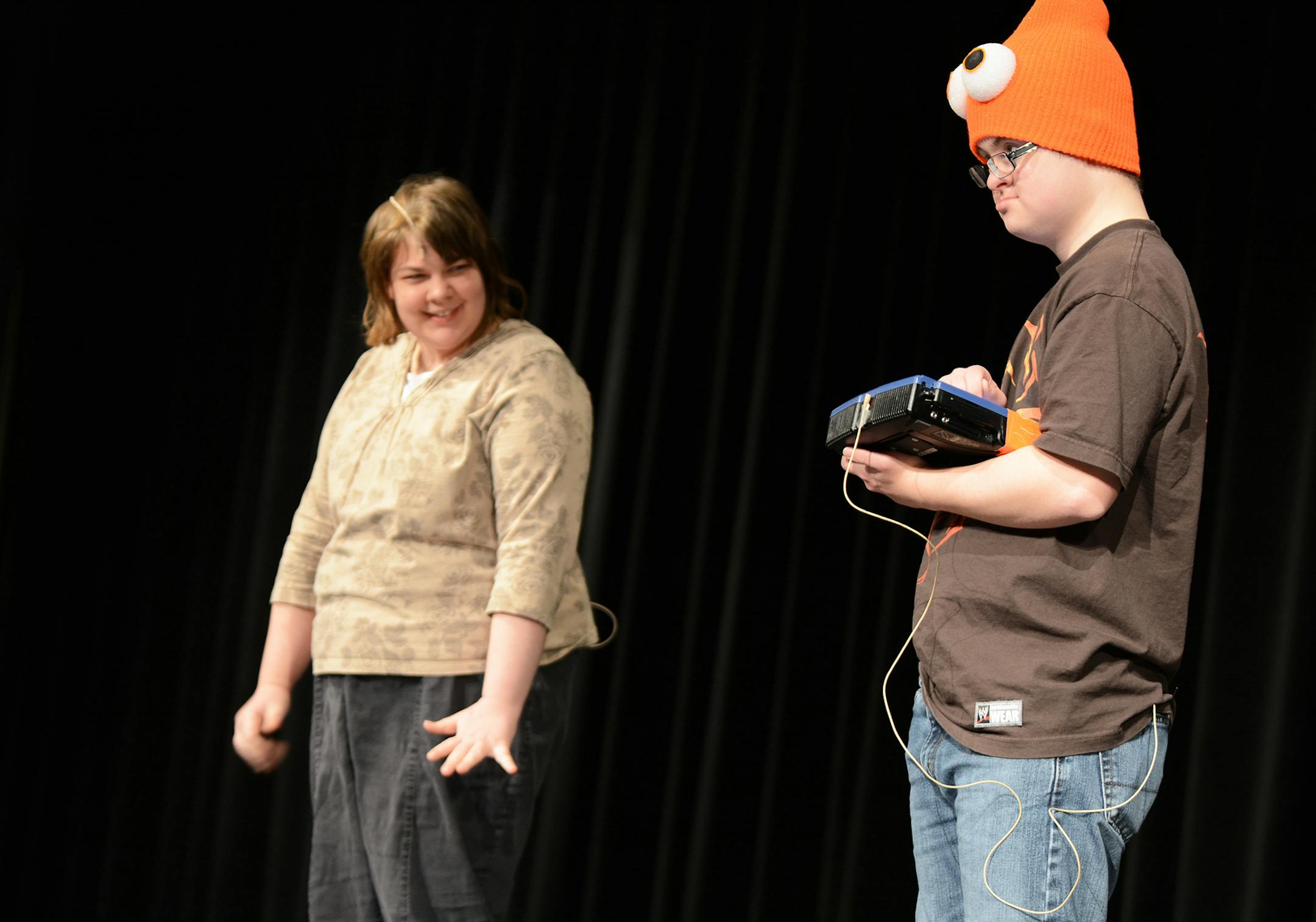 Students Sabreena Bunger and Brock Shepard rehearsed for a production of “Finding Nemo: Barely Hanging on? Just Keep Swimming.”