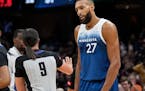 Minnesota Timberwolves center Rudy Gobert talks with referee Natalie Sago after being called for a technical foul in the second half of the game again