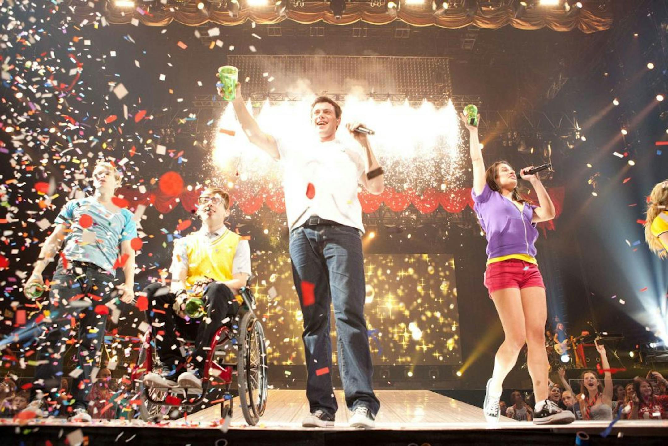 From left: Chord Overstreet, Kevin McHale, Cory Monteith and Lea Michele in "Glee: The 3D Concert Movie."