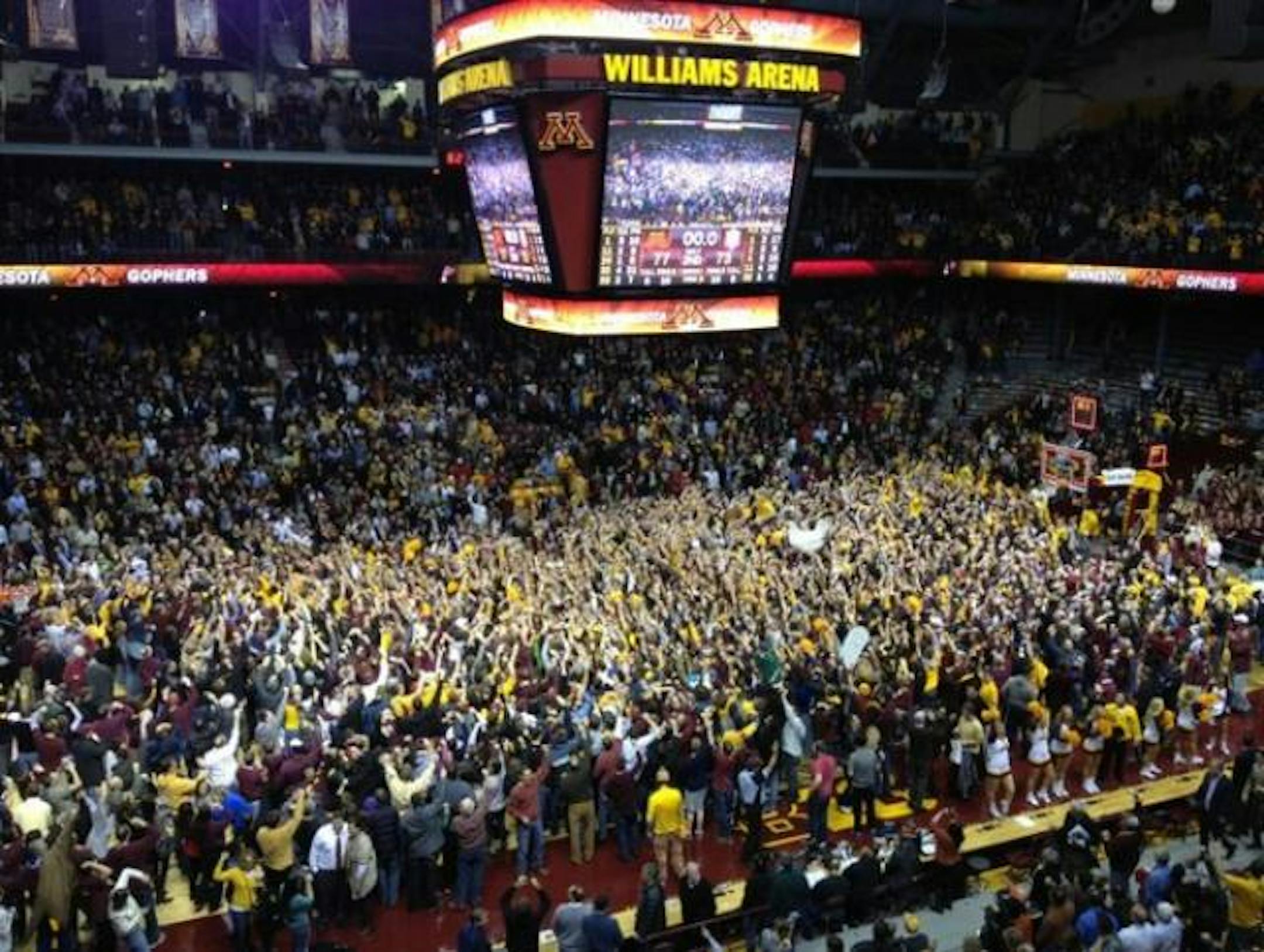 Fans stormed the court after the Gophers beat indiana on Tuesday night. This photo was taken from the balcony by Nadine Babu of gopherhole.com