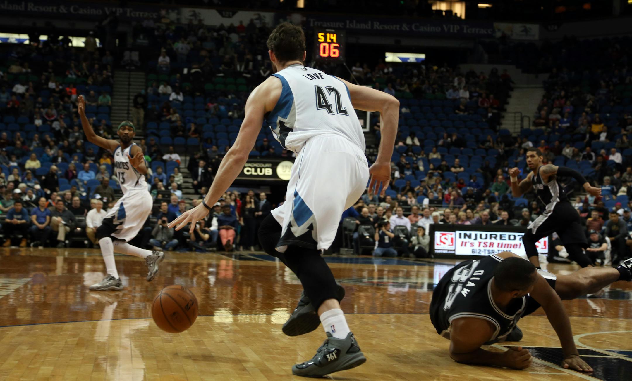 Kevin Love gained control of a loose ball and prepared to pass to an open Corey Brewer down court in the first half.