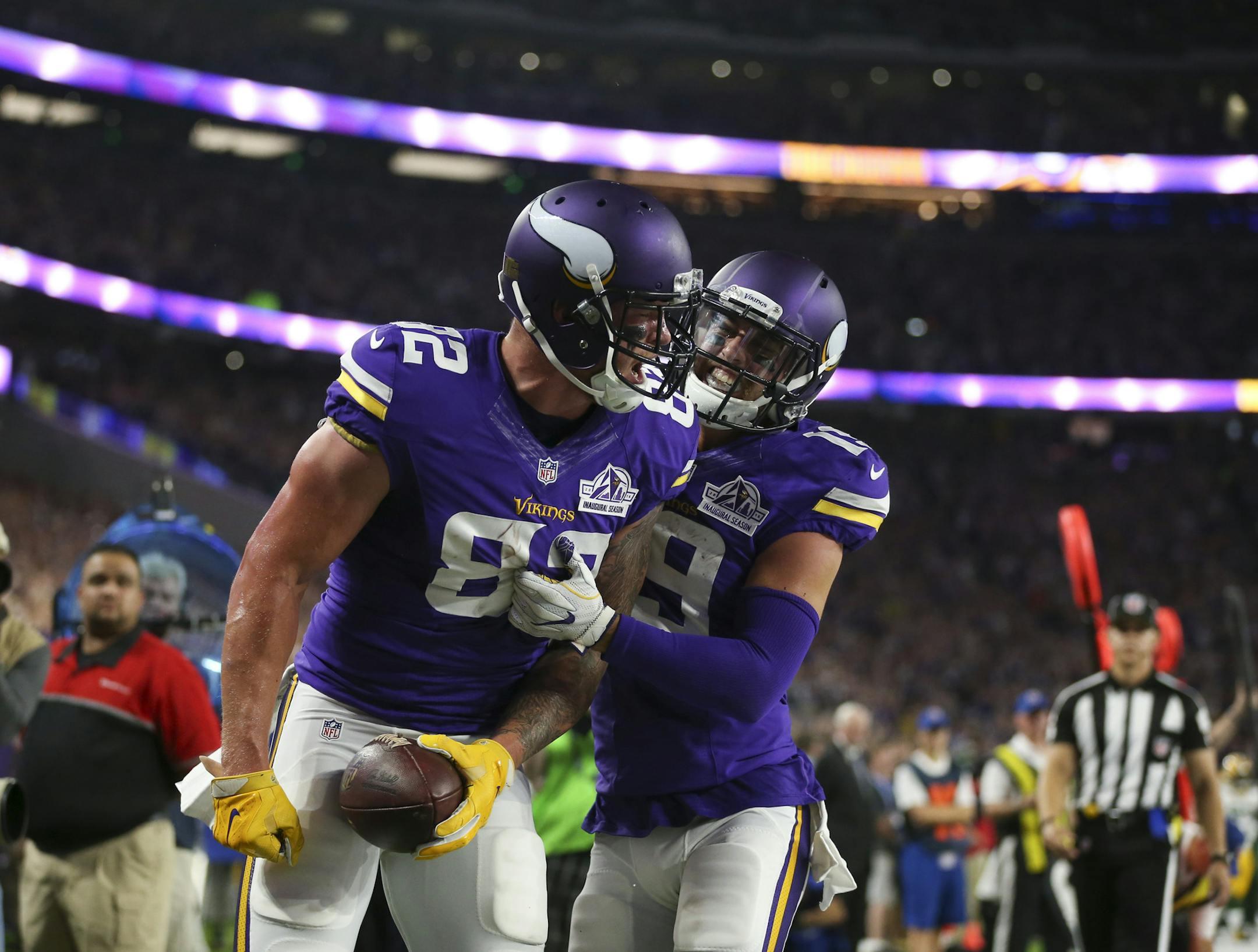 Vikings tight end Kyle Rudolph (82) was congratulated by teammate Vikings wide receiver Adam Thielen (19) after his second quarter touchdown. ] JEFF WHEELER ï jeff.wheeler@startribune.com The Minnesota Vikings and the Green Bay Packers faced each other in their season opener NFL game Sunday night, September 18, 2016 at U.S. Bank Stadium in Minneapolis.