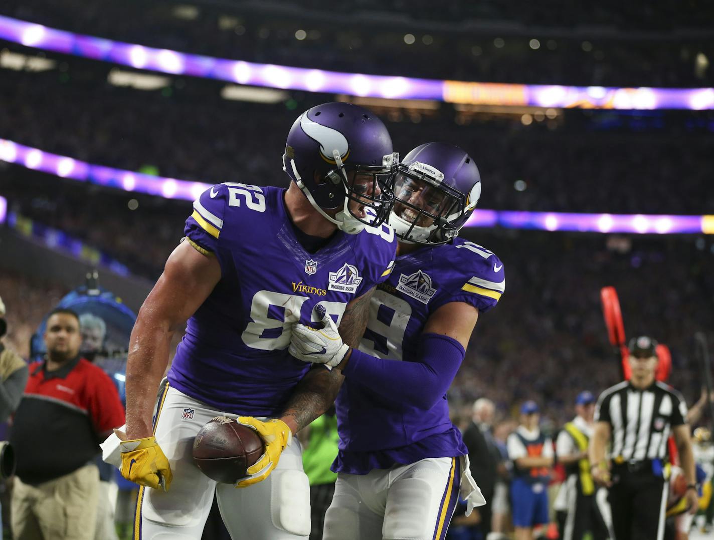 Vikings tight end Kyle Rudolph (82) was congratulated by teammate Vikings wide receiver Adam Thielen (19) after his second quarter touchdown. ] JEFF WHEELER &#xef; jeff.wheeler@startribune.com The Minnesota Vikings and the Green Bay Packers faced each other in their season opener NFL game Sunday night, September 18, 2016 at U.S. Bank Stadium in Minneapolis.