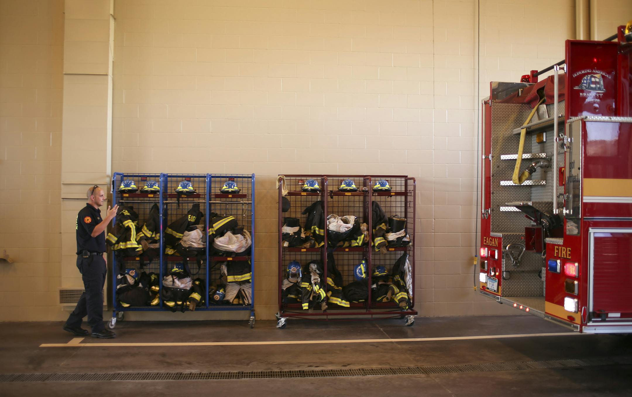 Eagan Fire Department Capt. Dale Stein guided one of Station 2's engines back in the station after a run Tuesday afternoon in Eagan. ] JEFF WHEELER &#x2022; jeff.wheeler@startribune.com The Eagan Fire Department is trying to shift from all-volunteer to more professional staff after struggling to recruit enough volunteer firefighters. On Tuesday afternoon, September 29, 2015 the firefighters at Station 2 were performing annual maintenance on equipment in between calls.