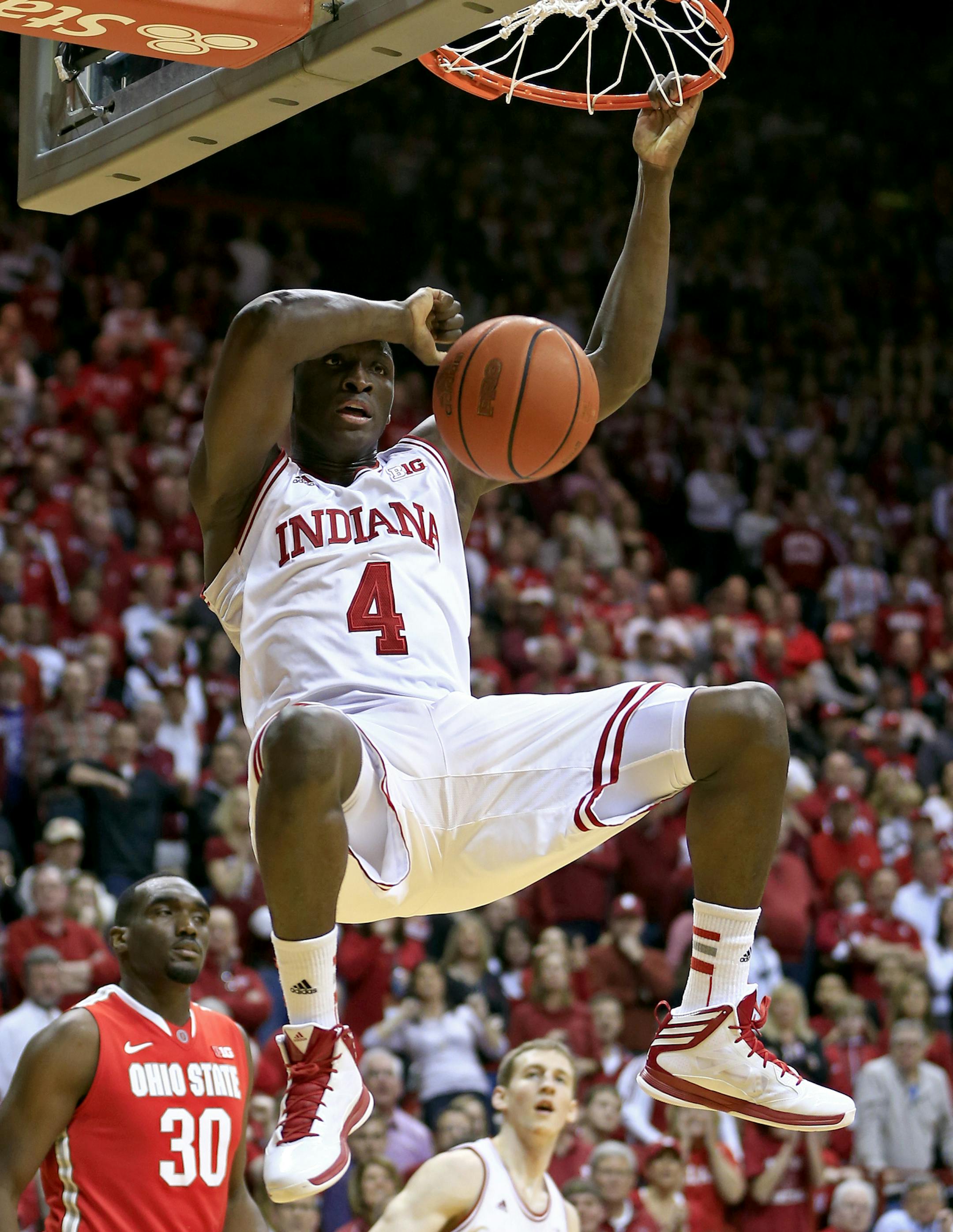 Indiana's Victor Oladipo (4) dunks during the second half of an NCAA college basketball game against Ohio State, Tuesday, March 5, 2013, in Bloomington, Ind. Ohio State won 67-58. (AP Photo/Darron Cummings) ORG XMIT: BLS116