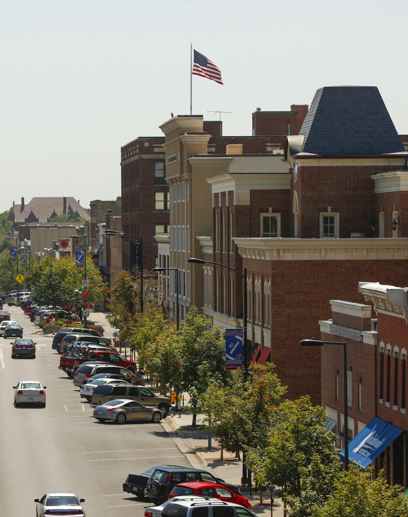 Locally owned shops line Massachusetts Street in Lawrence, Kan.