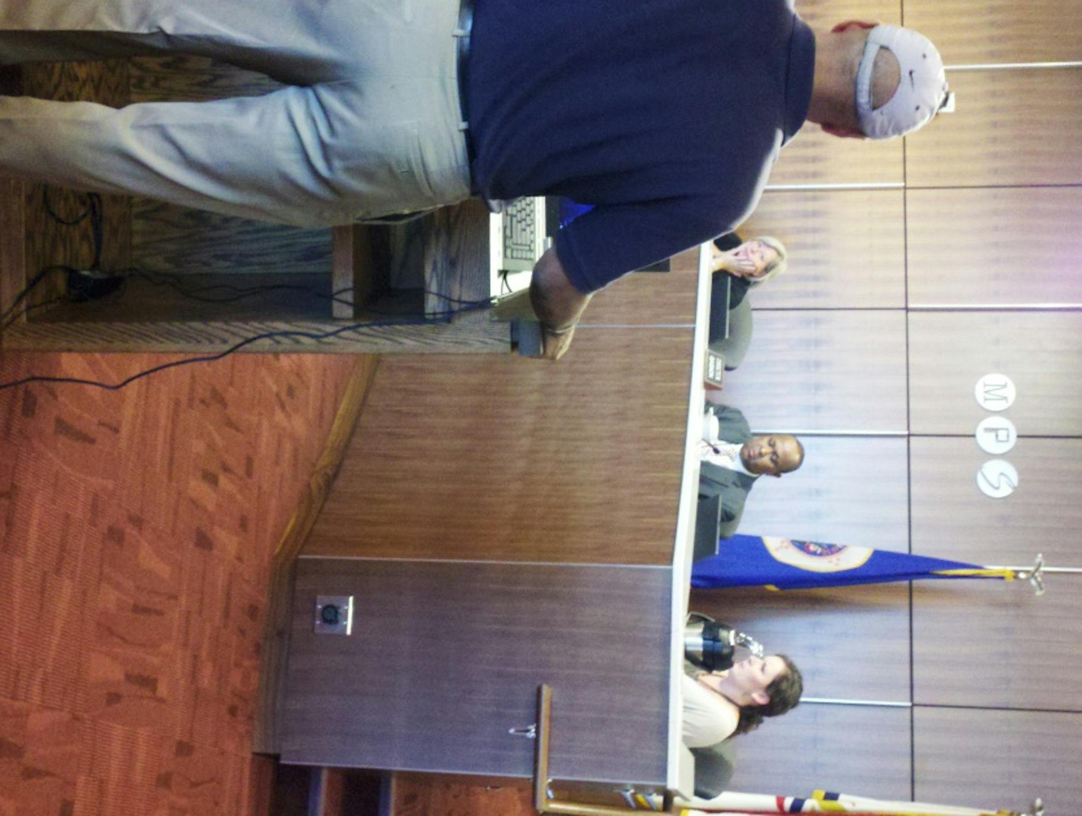 Union leader Harry Grigsby addressed the board. Pictured are Jill Davis, Hussein Samatar and Rebecca Gagnon