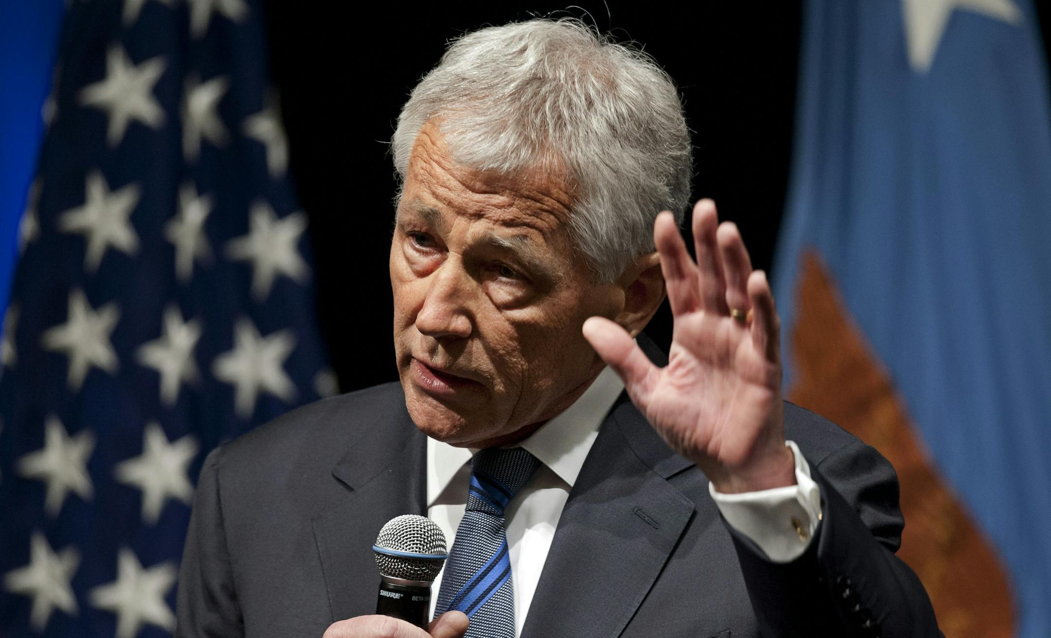New Defense Secretary Chuck Hagel speaks to service members and civilian employees at the Pentagon, Wednesday, Feb. 27, 2013, after being sworn-in. Hagel took charge of the Defense Department Wednesday after a bruising confirmation fight _ and two days before billions in budget cuts are scheduled to hit the military. (AP Photo/Cliff Owen) ORG XMIT: MIN2013022818322168