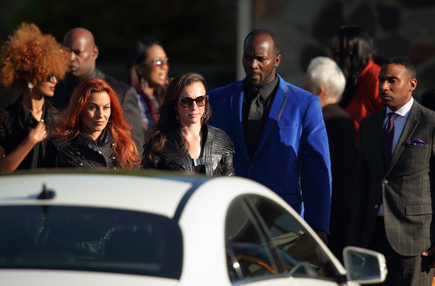 People streamed out of the Kingdom Hall following the memorial service. They are, from left, Prince's personal assistant, Meron Bekure, 3rdEyeGirl bassist Ida Nielsen and guitarist Donna Grantis, former staffers Romeo and Mark Spark. ] JEFF WHEELER &#xef; jeff.wheeler@startribune.com Members of Prince's Jehovah's Witness Kingdom Hall congregation held a private memorial service for him Sunday afternoon, May 15, 2016 at the Kingdom Hall in Hopkins.