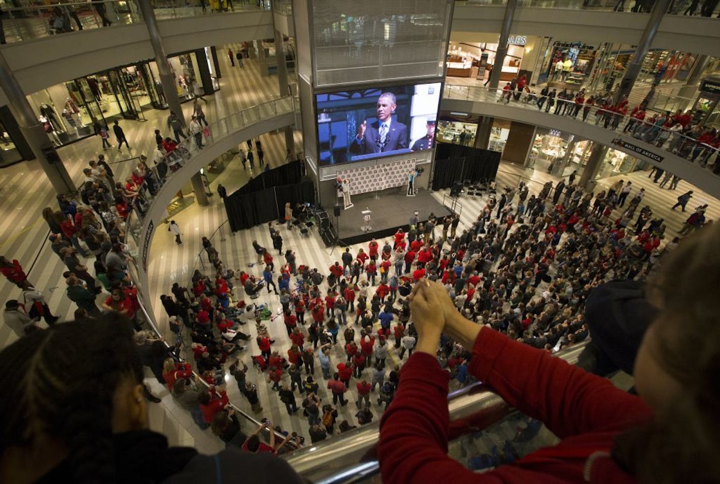 President Barak Obama spoke to the new class of Minnesota AmeriCorps members in live stream after they pledged to �get things done for America� at Mall of America on Friday, Sept. 12, 2014, in Bloomington, Minn., as part of a nationwide ceremony to mark AmeriCorps� 20th anniversary.