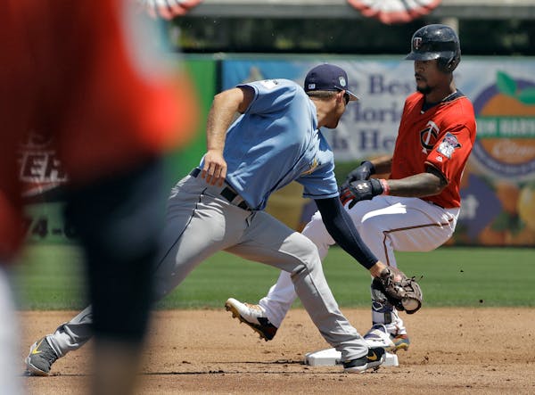 The Twins' Byron Buxton, right, gets into second base ahead of the tag by Tampa Bay Rays shortstop Brad Miller with a double during the first inning o
