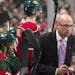 Minnesota Wild head coach Mike Yeo talked to left wing Zach Parise (11) during a break in action during the third period Tuesday. ] (AARON LAVINSKY/ST