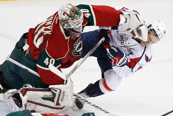 At the Xcel Energy Center in St. Paul in a game between Washington and Minnesota, goalie Devan Dubnyk(40) pushed Evgeny Kuznetsov(92) away but only af