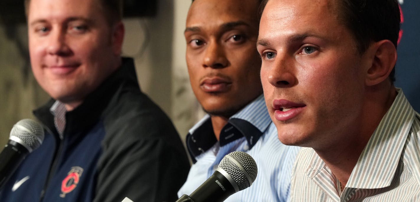 From left, Minnesota Twins Chief Baseball Officer Derek Falvey, shortstop Jorge Polanco, and outfielder Max Kepler answered questions from reporters during Friday's press conference to announce contract extensions for both players.] ANTHONY SOUFFLE &#x2022; anthony.souffle@startribune.com The Minnesota Twins held a press conference to announced contract extensions for shortstop Jorge Polanco and outfielder Max Kepler Friday, Feb. 15, 2019 at the team's Spring Training headquarters in Fort Myers,