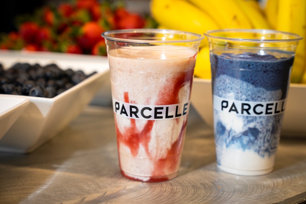 Parcelle’s C.R.E.A.M. Smoothie, left, and BluePrint Smoothie seen during a tour of the new food for 2024 at Target Field.