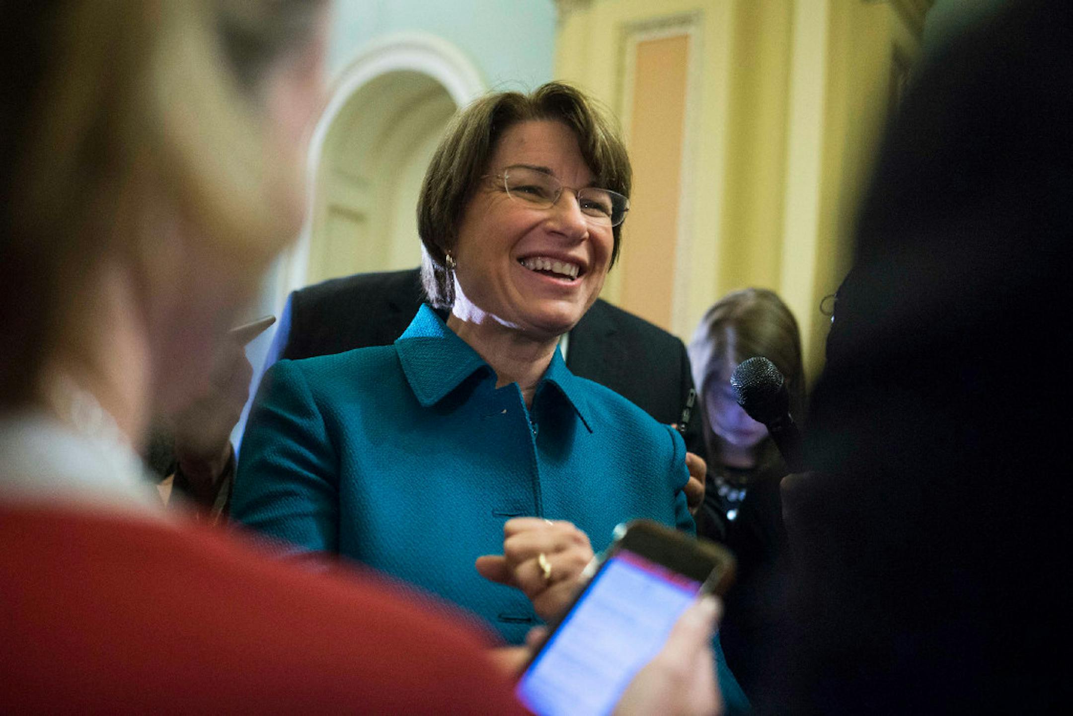 Sen. Amy Klobuchar (D-Minn.) speaks after being named as ranking Democrat on the Senate Rules Committee, Nov. 16, 2016.