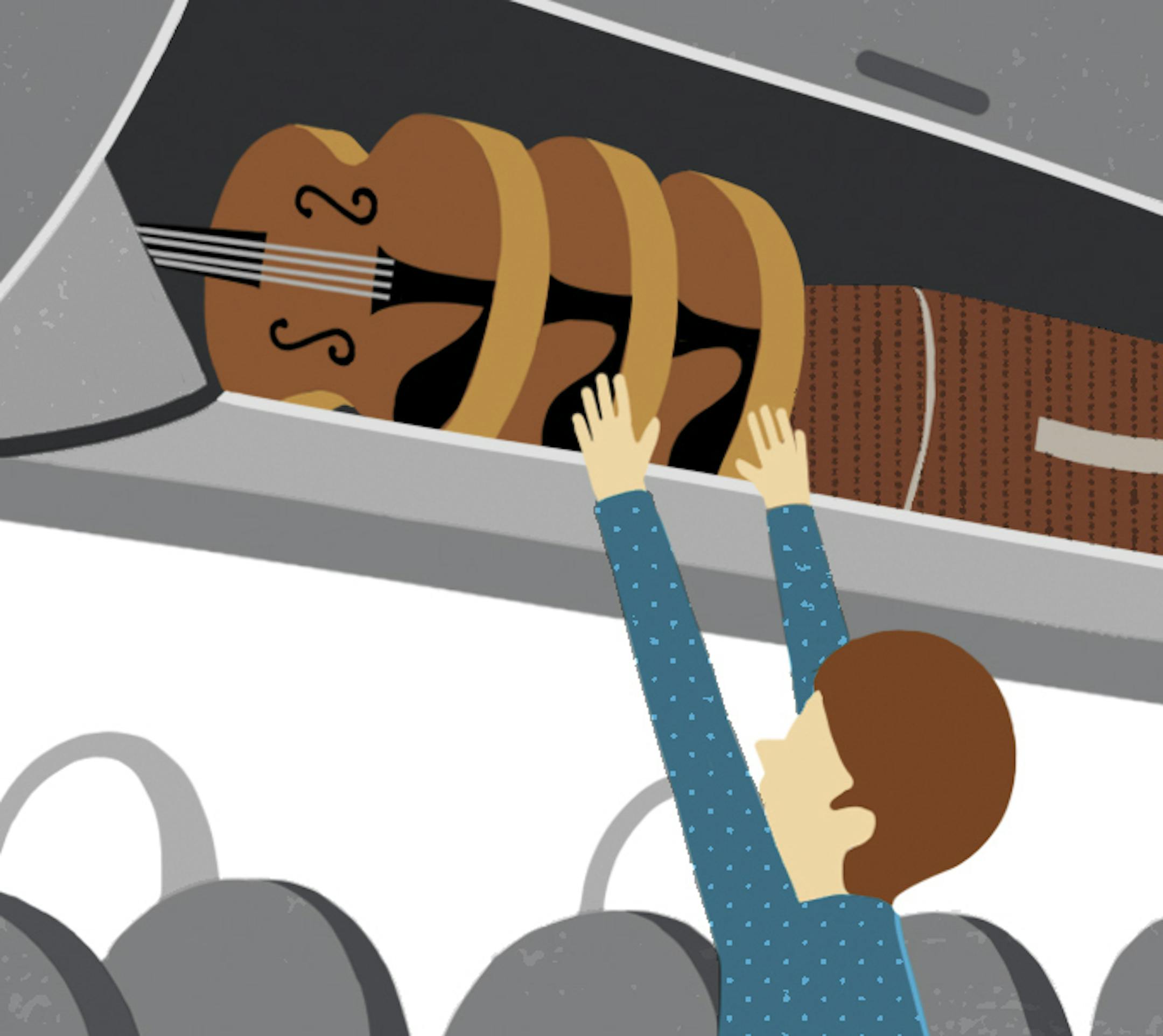 New rules that start in March of 2015 say that if a musical instrument otherwise complies with federal and airline policies for carry-on bags, it must receive the same &#x201c;first come first served&#x201d; treatment as any other passenger bag in the cabin -- &#x201c;even if the space taken by the musical instrument could accommodate one or more other carry-on bags,&#x201d; the rule states. (Boyoun Kim/The New York Times) -- NO SALES; FOR EDITORIAL USE ONLY WITH STORY SLUGGED BIZ TRAVEL ROAD BY