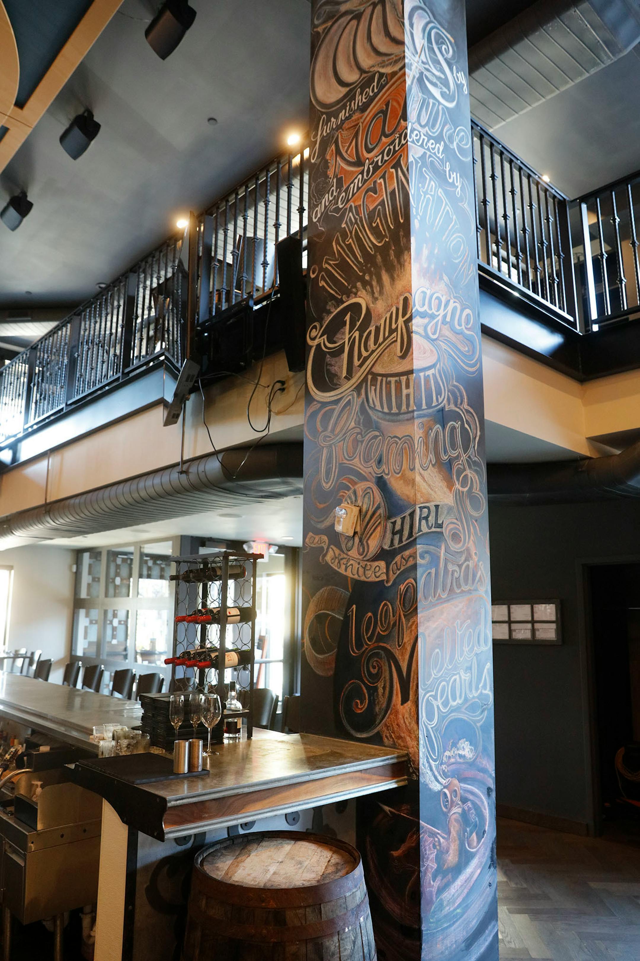 Adam Dennis work at Coup d'Etat restaurant in Uptown. Dennis' work include Smack Shack and the Pourhouse and is done with chalk and spray paint.