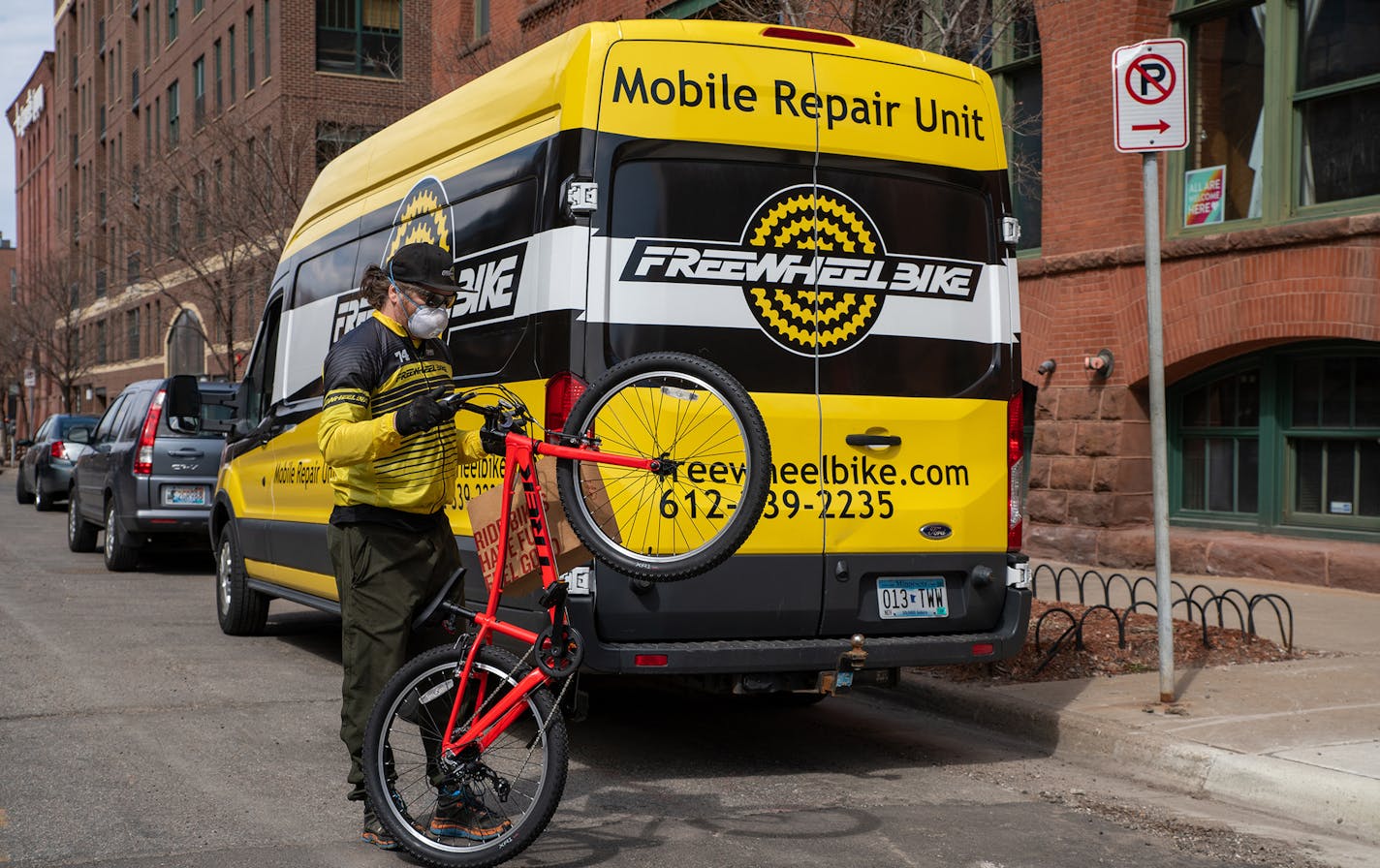 Provided Freewheel Bike locations in the Twin Cities offers a &#x201c;black glove&#x201d; delivery service, where your purchase can be dropped off at your doorstep by a driver &#x201c;wearing nitrile gloves, a respirator mask and sanitizing the touch surfaces of your bike upon delivery.&#x201d;